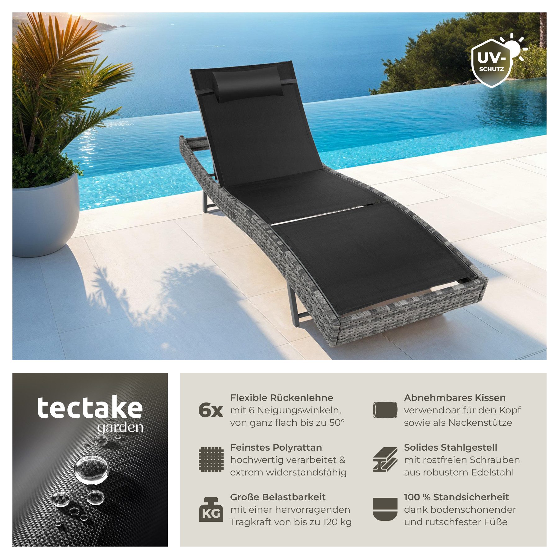 tectake Gartenliege Rattan Sonnenliege, 1 St., günstig online kaufen