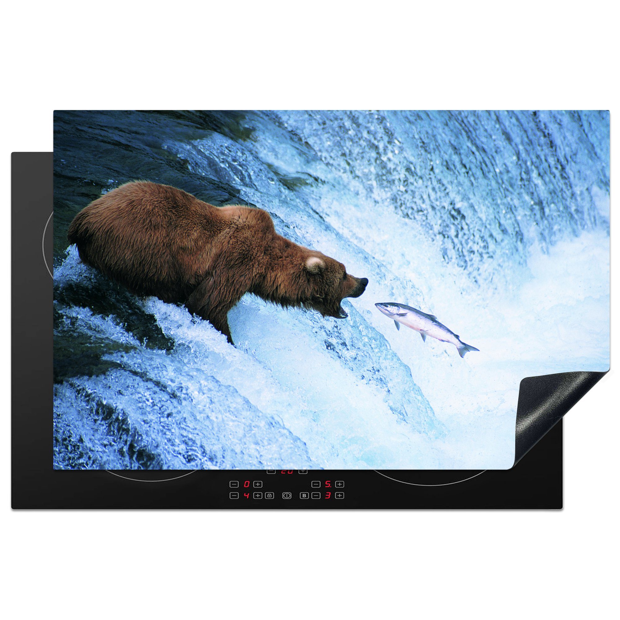 MuchoWow Herdblende-/Abdeckplatte Bär - Fisch - Wasserfall, Vinyl, (1 tlg), 81x52 cm, Induktionskochfeld Schutz für die küche, Ceranfeldabdeckung
