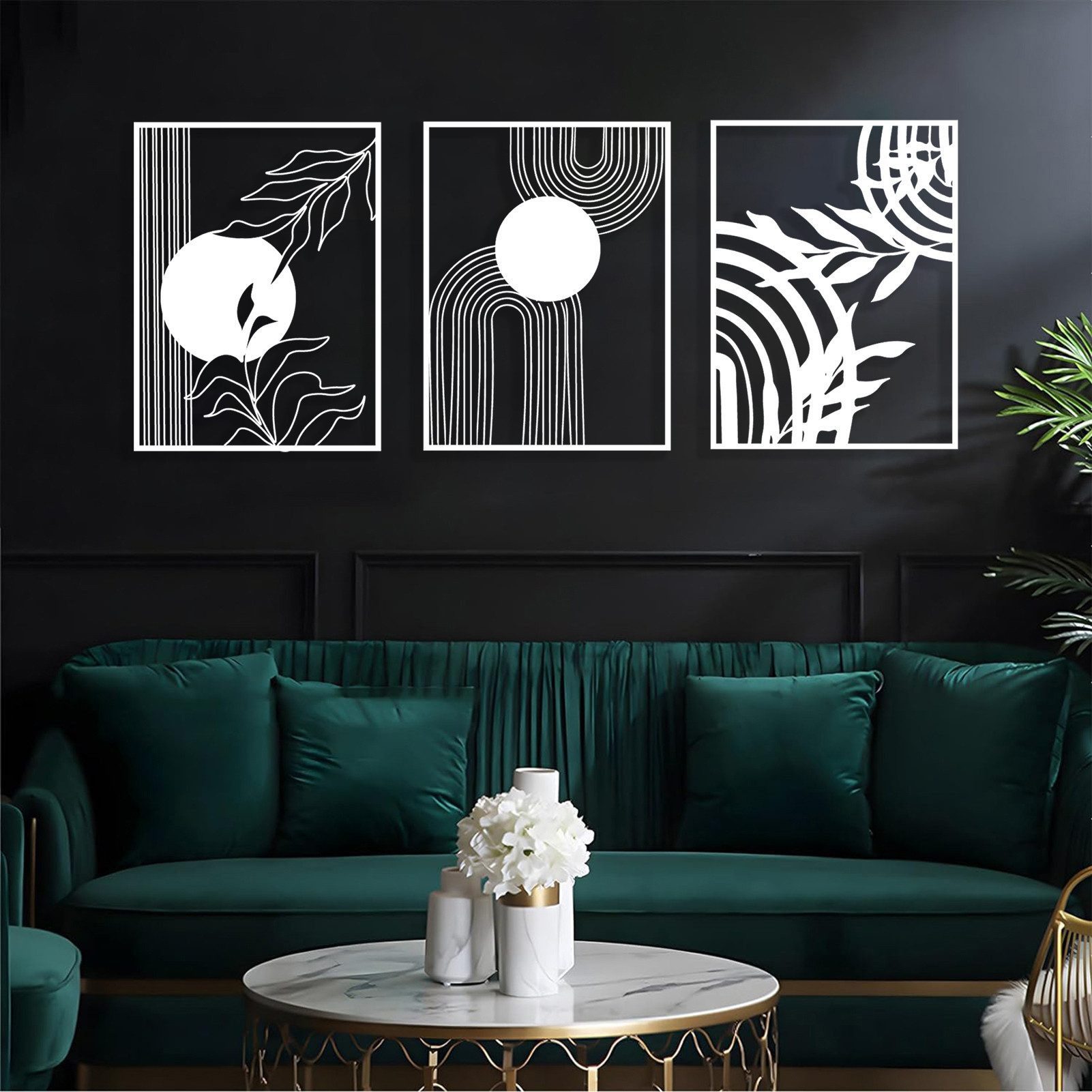 Jumpeak Wanddekoobjekt Metall Wanddeko Set 3-teilig, Modern Geometrisch-Florales Design, Stylisches Wohnaccessoire für Modernes Interieur,Geschenk zum Einzug