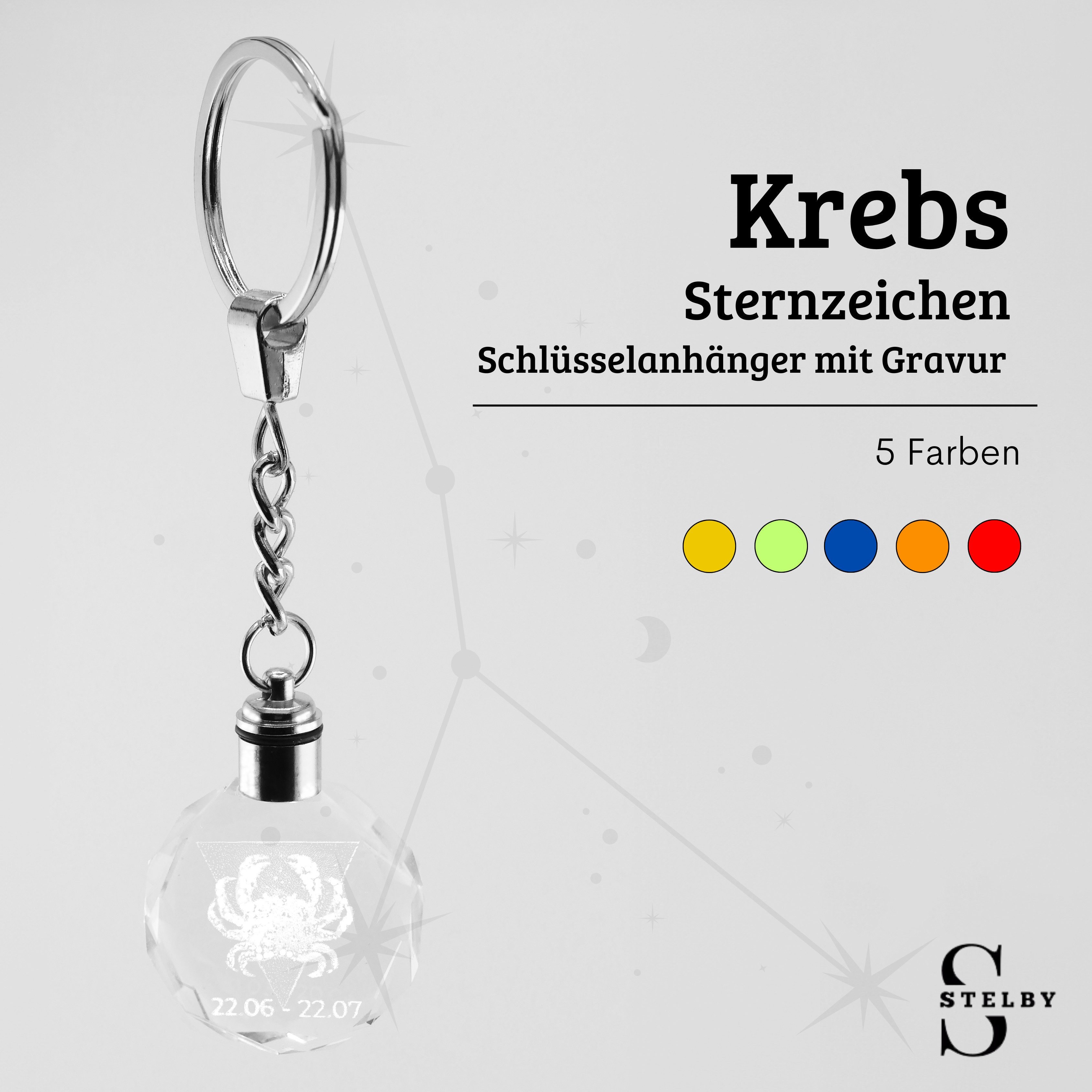 Stelby Schlüsselanhänger Krebs Sternzeichen Schlüsselanhänger Multicolor LED mit Geschenkbox (Perfekt für Geburtstage und Weihnachten, Robustes Glasmaterial, leuchtet in 5 Farben), Farbwechsel, langlebig, modernes Design