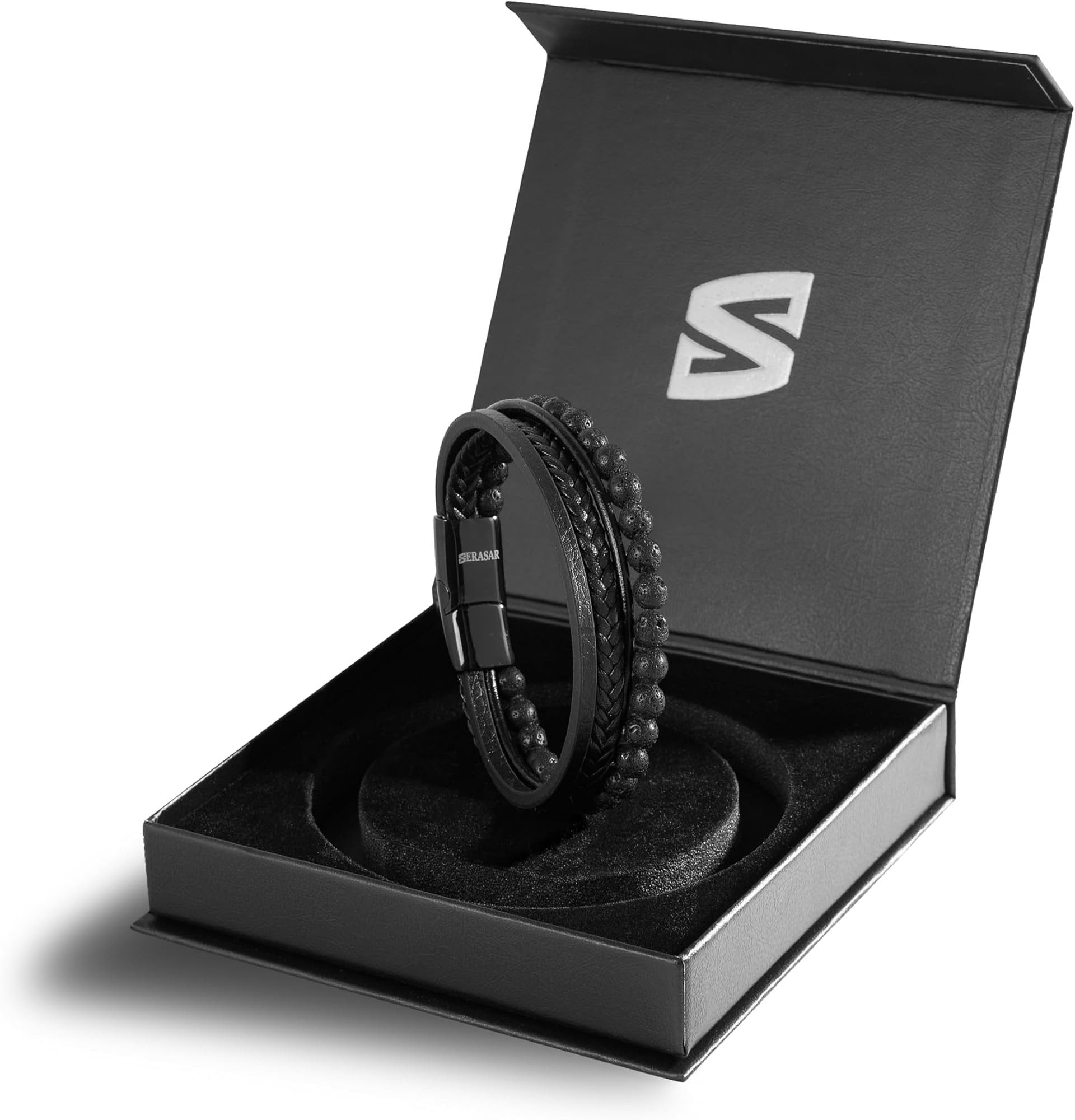 SERASAR Lederarmband "Stone" mit Edelstahl-Magnetverschluss, Natursteinperlen