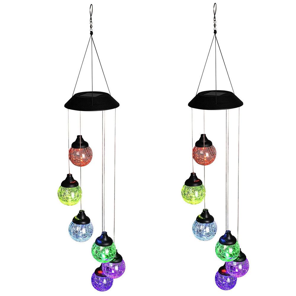 Haushalt International Außen-Deckenleuchte, LED-Leuchtmittel fest verbaut, Farbwechsel, RGB LED Solar Windspiel Hängeleuchte Außen Glas Kugel 2er Set