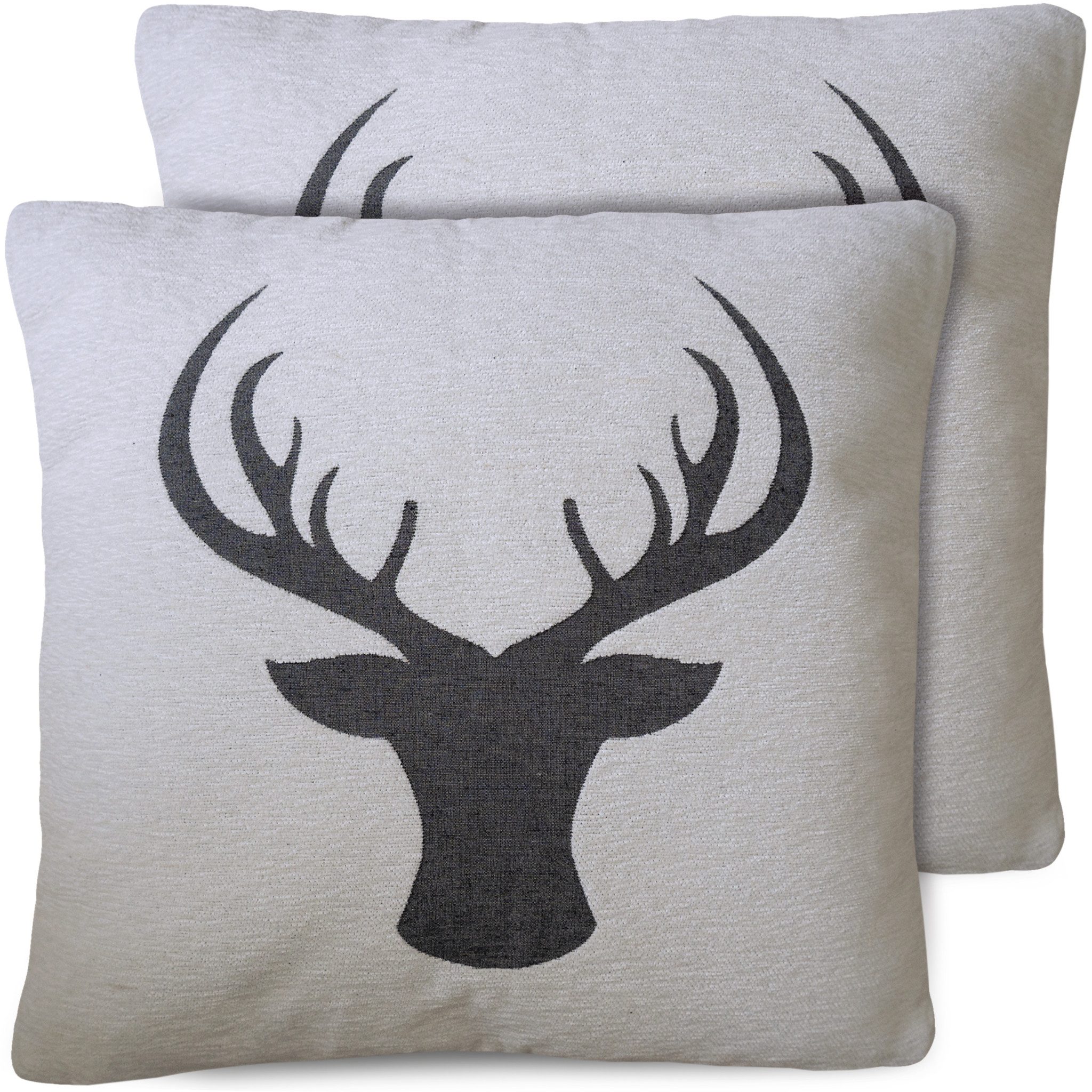 matches21 HOME & HOBBY Kissenbezüge 2er Set Kissenhüllen 45x45 cm beige mit Hirsch grau als Weihnachtsdeko, (2 Stück), Zierkissen-Bezüge für Sofa-Kissen, Couch-Kissen