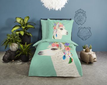 Bettwäsche Alpaka Lama Blumen pastell uni grün mint, soma, Baumolle, 2 teilig, Bettbezug Kopfkissenbezug Set kuschelig weich hochwertig
