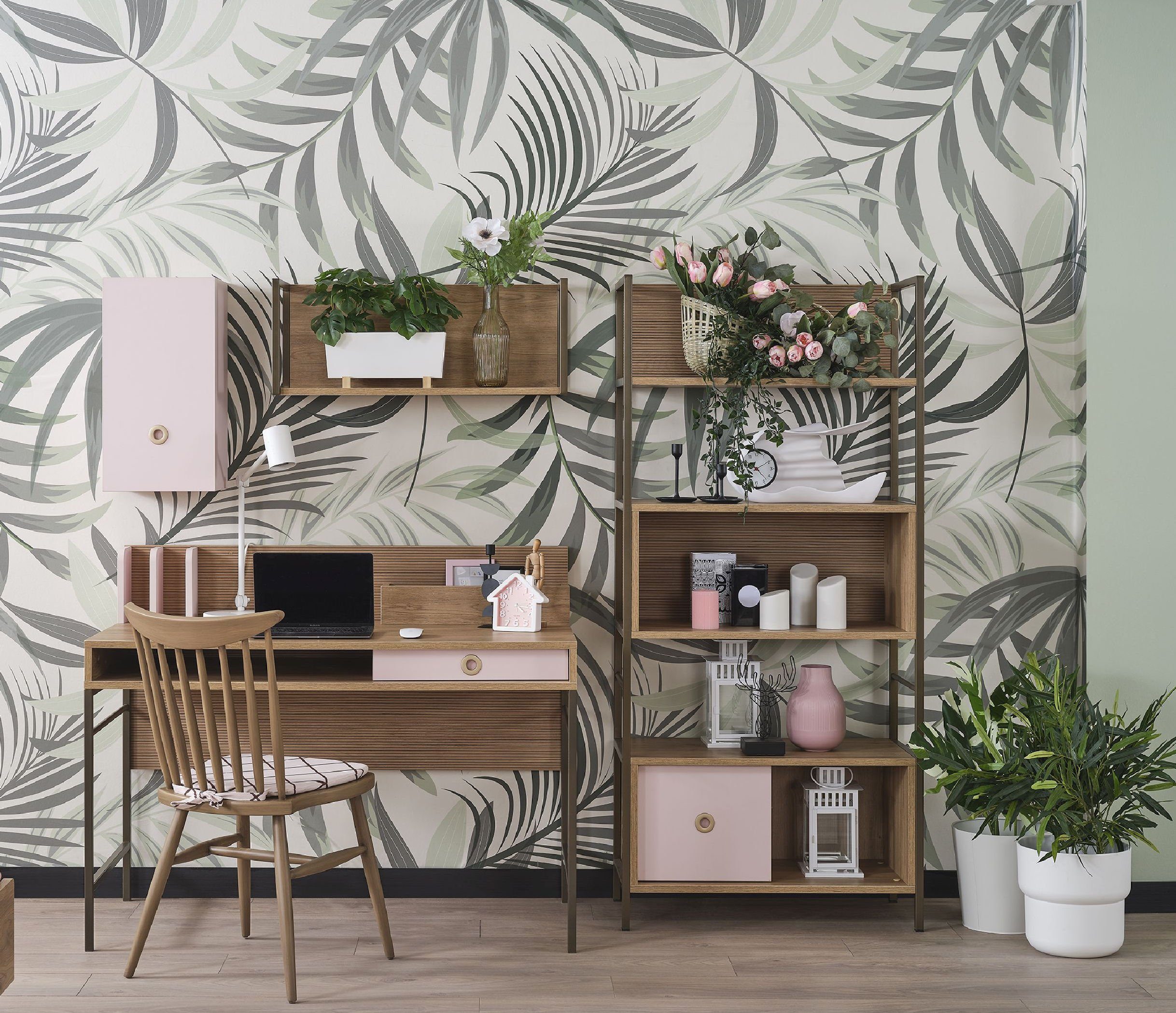 Möbel-Zeit Bücherregal ALICE – Rosa & Holzoptik – 5 offene Regalfächer & 1 Schublade