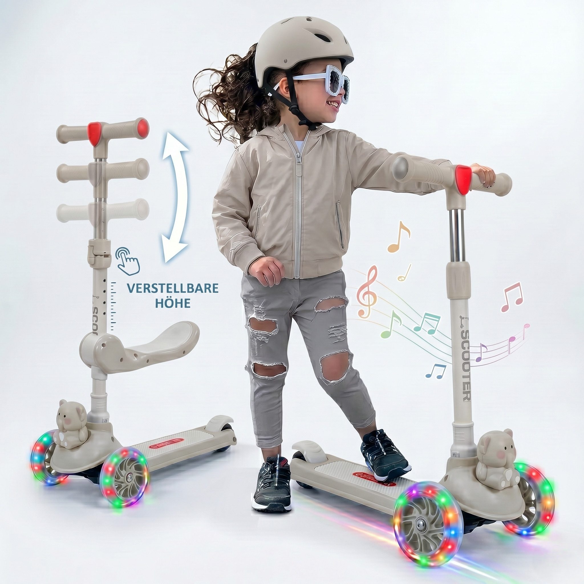 Bikesly Tretroller Kinder Roller ELLFY mit Sitz unfd LED Dreirad Scooter Mädchen Junge, Magische LED Leuchtrollen