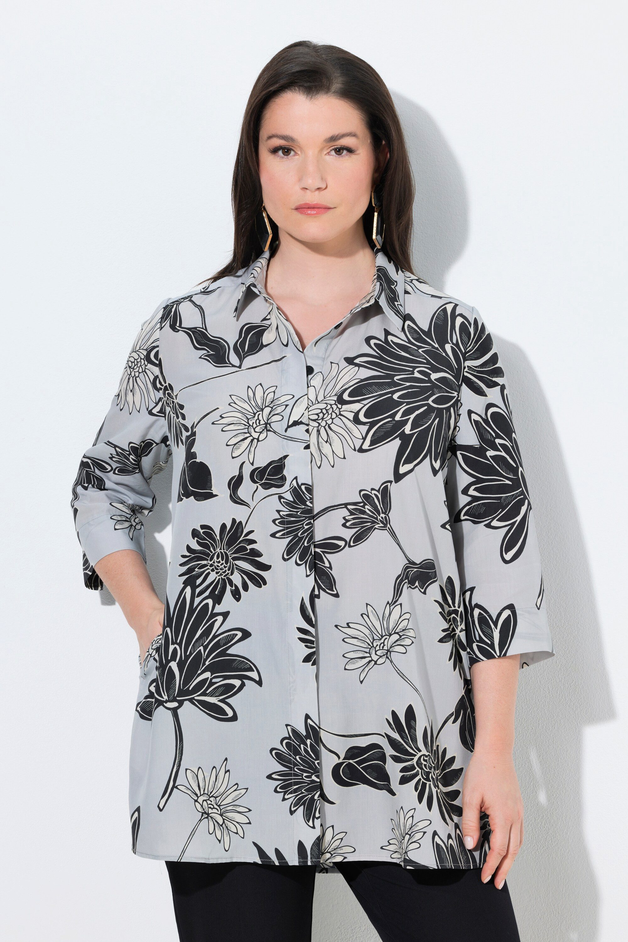 Ulla Popken Longbluse Lyocell-Longbluse Blüten A-Linie Hemdkragen