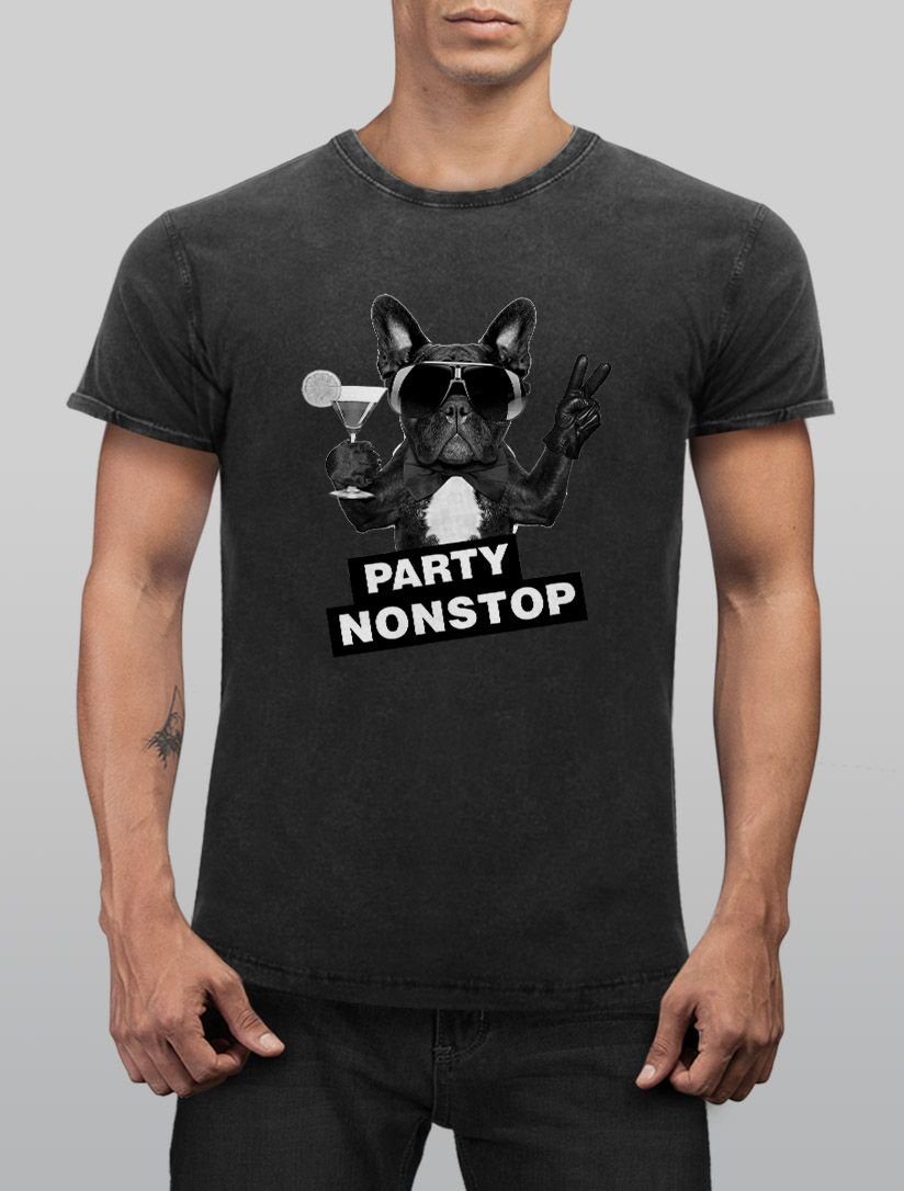 schwarz Party Aufdruck Herren Print Neverless® Non-Stop Mops Neverless mit Slim Look Print-Shirt Used Vintage Angesagtes Shirt Fit Cooles T-Shirt