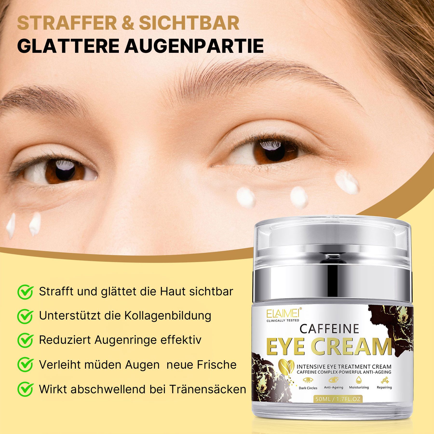 ALIVER Anti-Aging-Augencreme Koffein Anti-Aging Reduziert Augenringe Schwellungen Tränensäcke, 1-tlg., Augenpflege, Tagescreme, Anti-Falten, Aliver