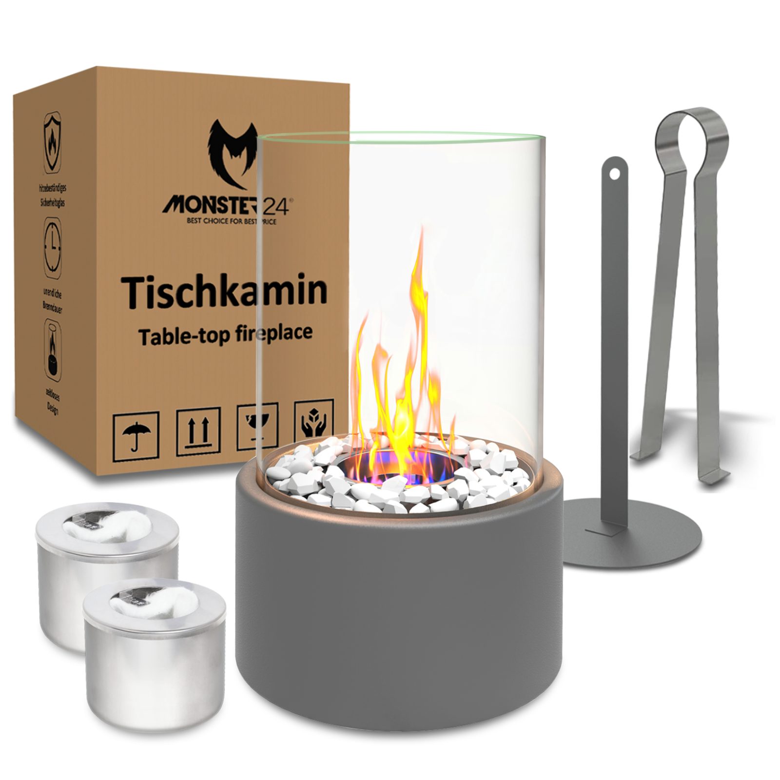 Monster24 Tischfeuer Bio-Ethanol Tischkamin für Indoor & Outdoor, Echtfeuer-Dekokamin (Höhe 26 cm / Durchmesser 16 cm) Grau