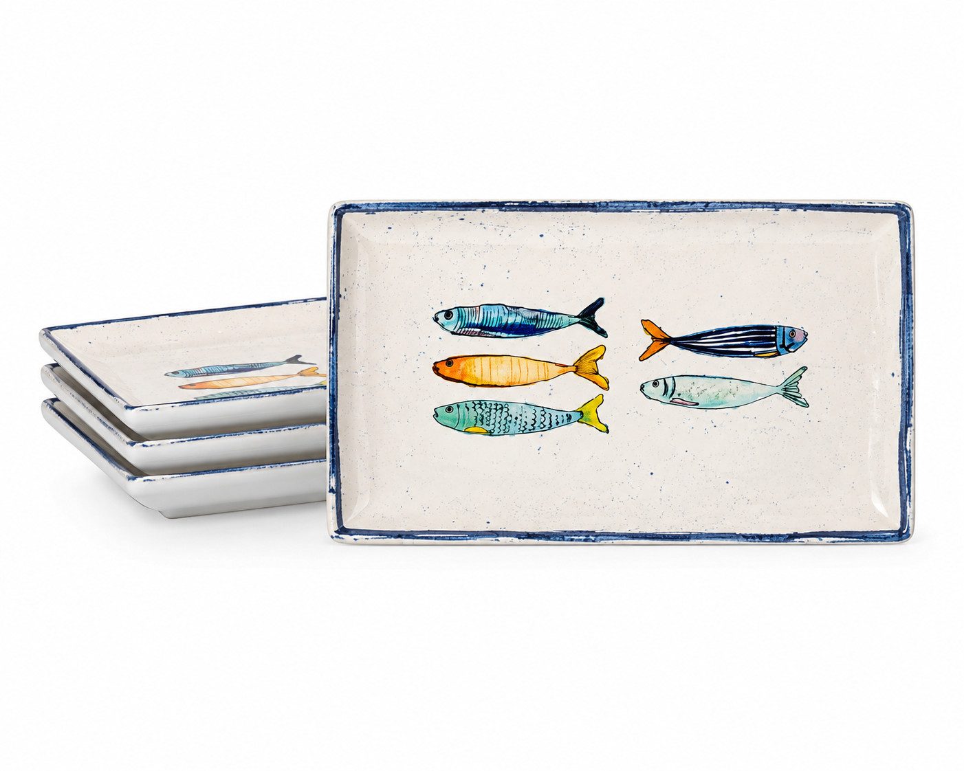 WestCraft Speiseteller Teller, mediterran mit Sardinen-Motiv, Maritime Servierplatte 20×13cm, (4 St), 4er Set, hochwertig und robust - langlebig und vielseitig einsetzbar