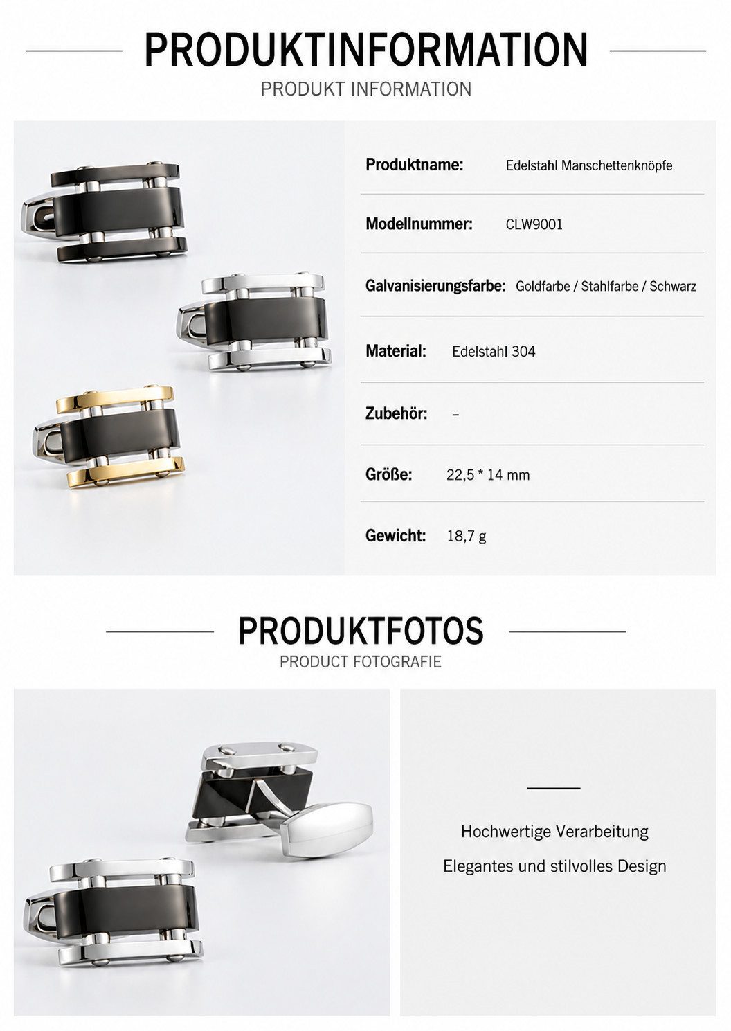 RAIKOU Manschettenknöpfe Manschettenknöpfe Edelstahl mit schwarzer Einlage (glänzend)