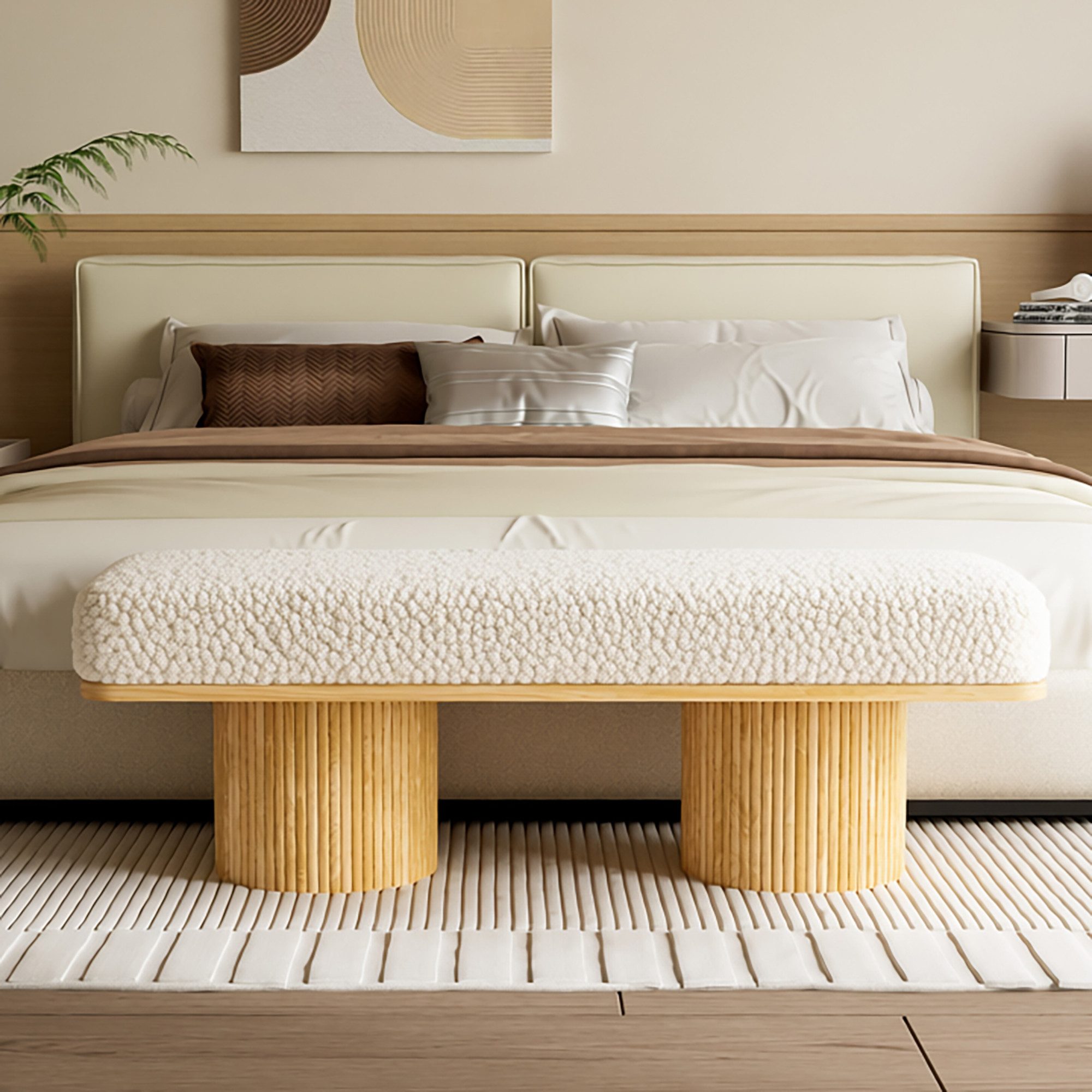 OKWISH Polsterbank Moderne Sitzbank 122cm mit Massivholz-Untergestell, Teddy-Fleece Bezug (Packung, 1-St., Gepolsterte Ottoman Bank für Schlafzimmer und Eingangsbereich), Elegante Creme-Farbene Sitzbank für Innenraum Dekoration
