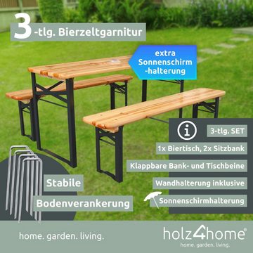 holz4home Bierzeltgarnitur 3-teilig aus Holz, 2 Bänke, 1 Tisch