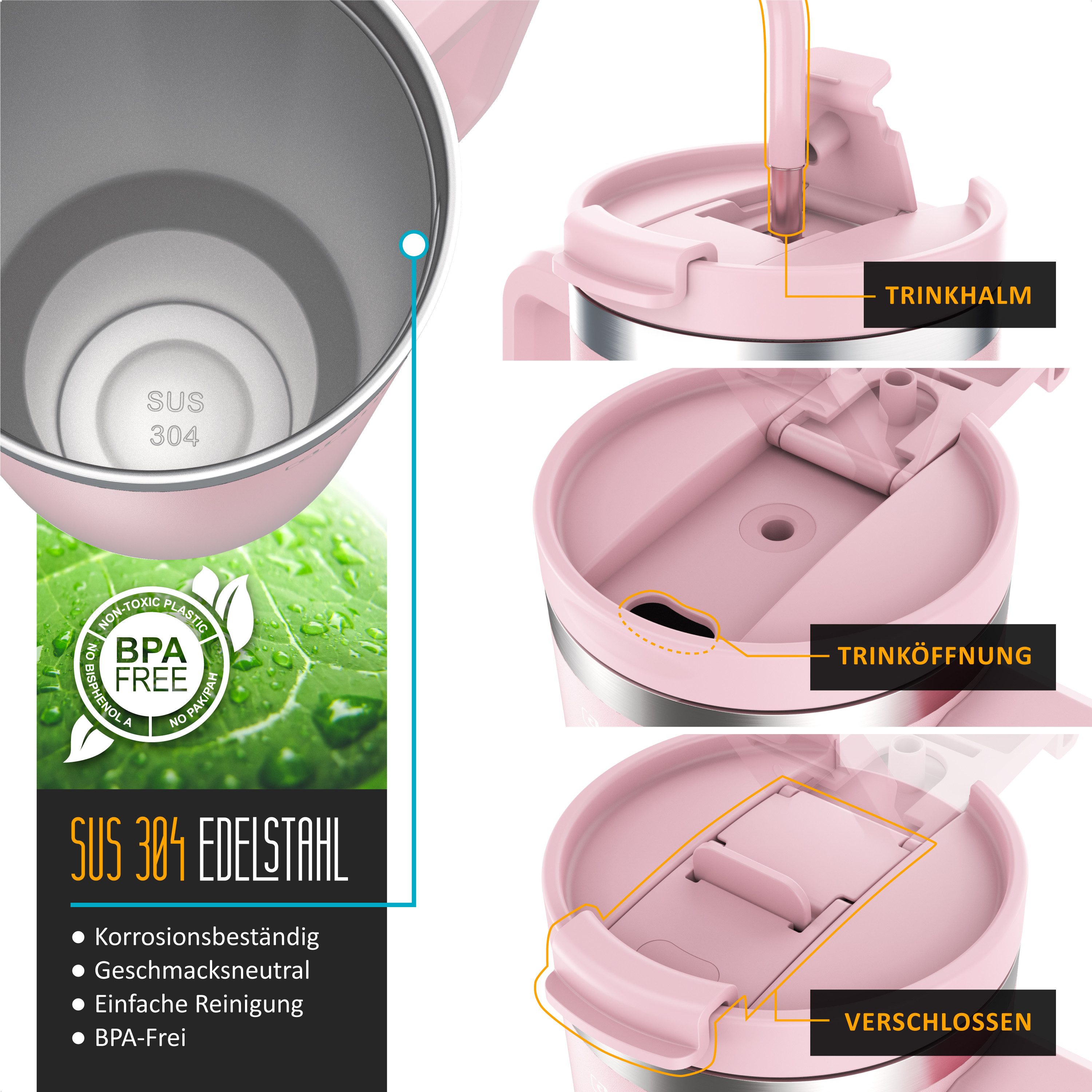 Arendo Thermobecher Tumbler 1200 ml, Becher mit Deckel, Henkel und Strohhalm, Thermal Mug, 4-tlg., Edelstahl, doppelwandig, Vakuumgehäuse aus Edelstahl, luftdichter Verschluss