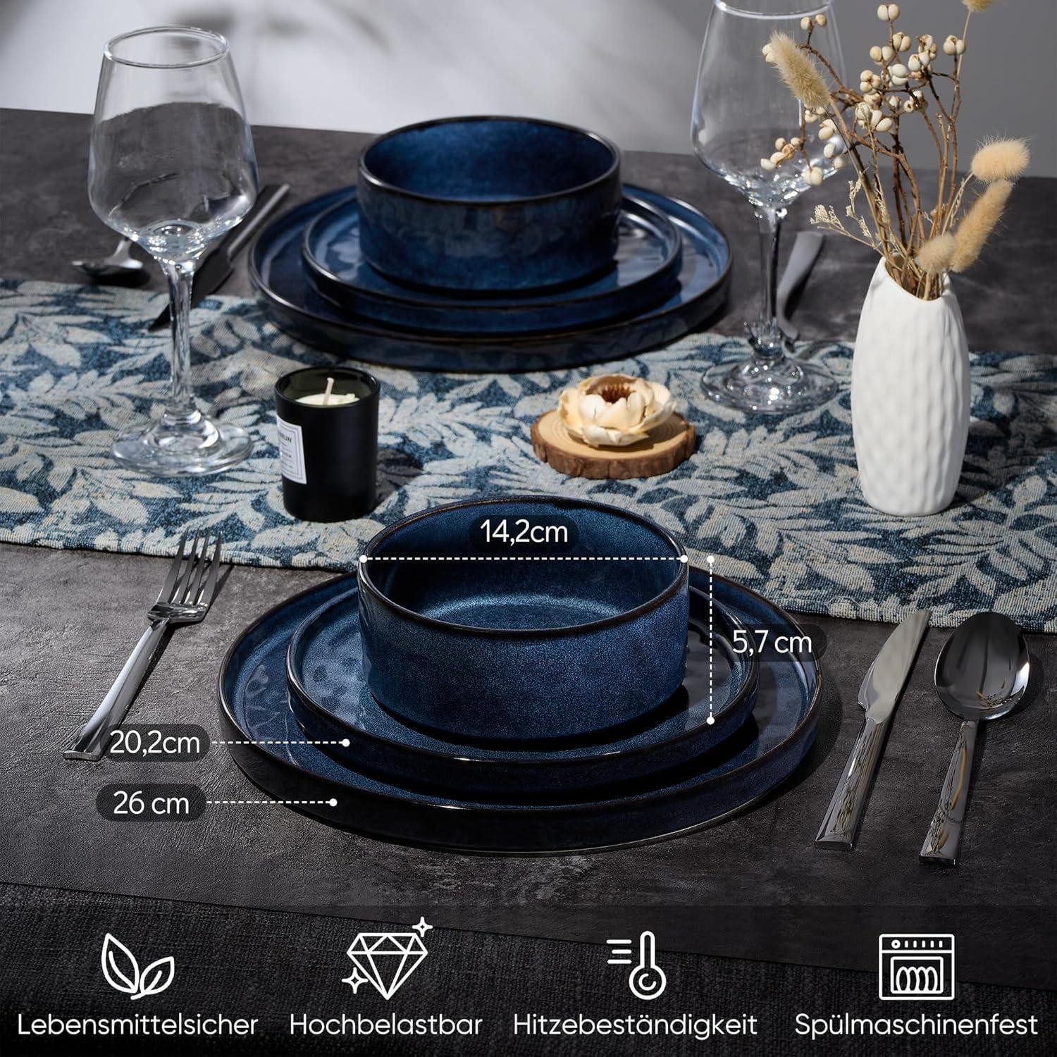 LuxusKollektion Salatbesteck Geschirrset 18teilig Steinzeug Tafelservice 6Personen Galaktisch Blau