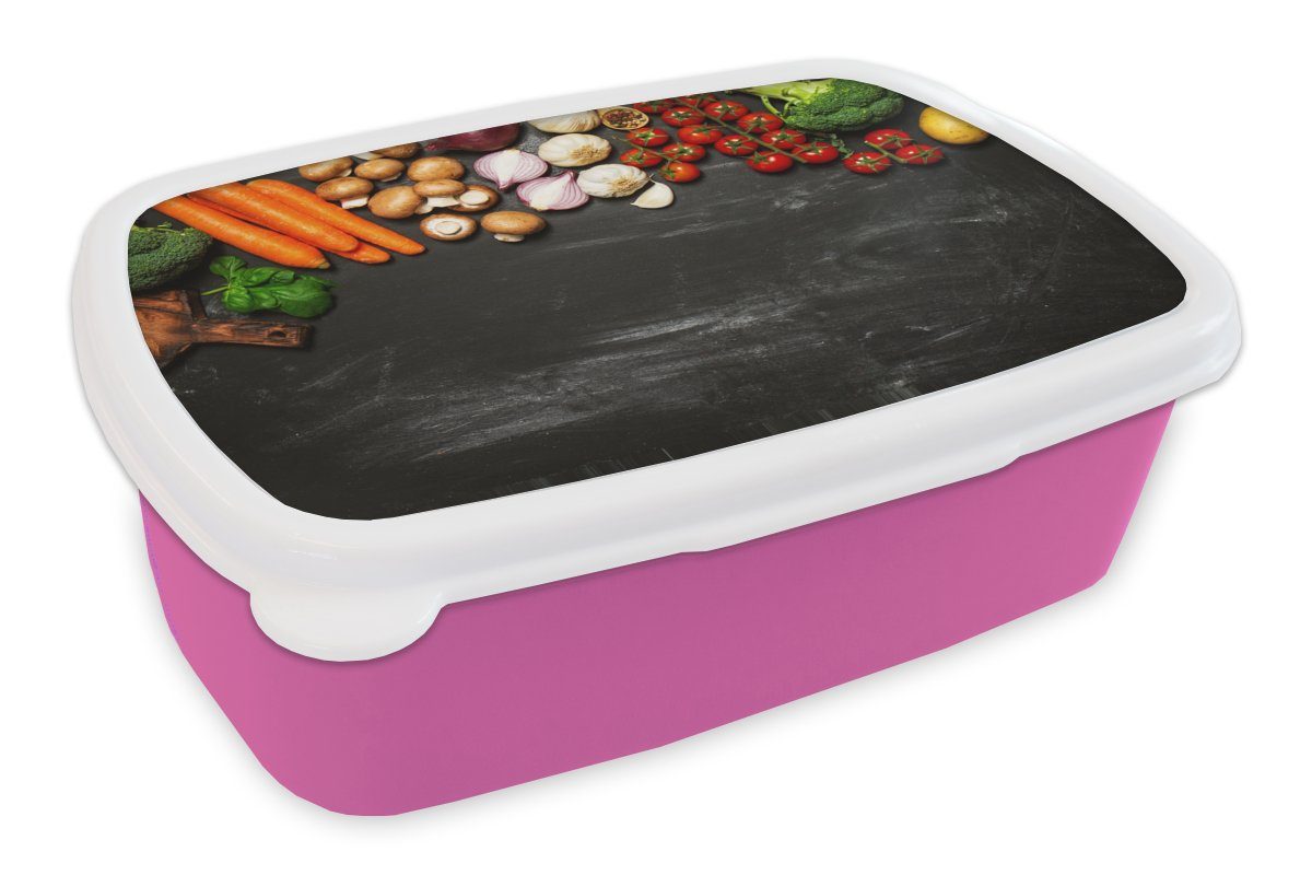 MuchoWow Lunchbox Karotte - Gemüse - Kräuter - Gewürze - Rustikal, Kunststoff, (2-tlg), Brotbox für Erwachsene, Brotdose Kinder, Snackbox, Mädchen, Kunststoff rosa