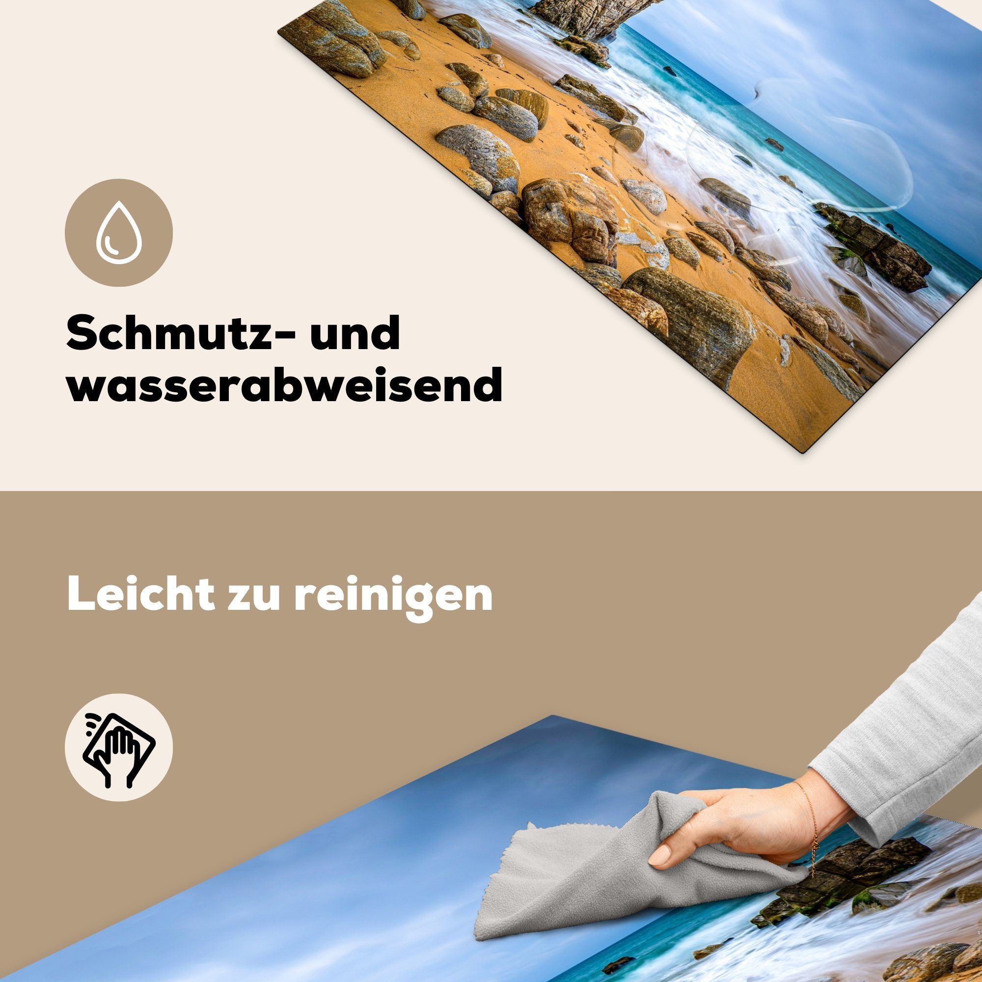 Vinyl, Ceranfeldabdeckung Felsen - Wellen, küche, Strand Wasser Steine - cm, Herdblende-/Abdeckplatte Induktionskochfeld tlg), (1 die für Schutz - - MuchoWow 81x52