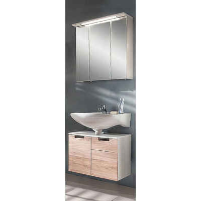 Lomadox Waschtisch-Set »MARSIO-04«, (Spar-Set), Badmöbel Waschbecken & Spiegelschrank Eiche Nachbildung, weiß ohne Standfüße