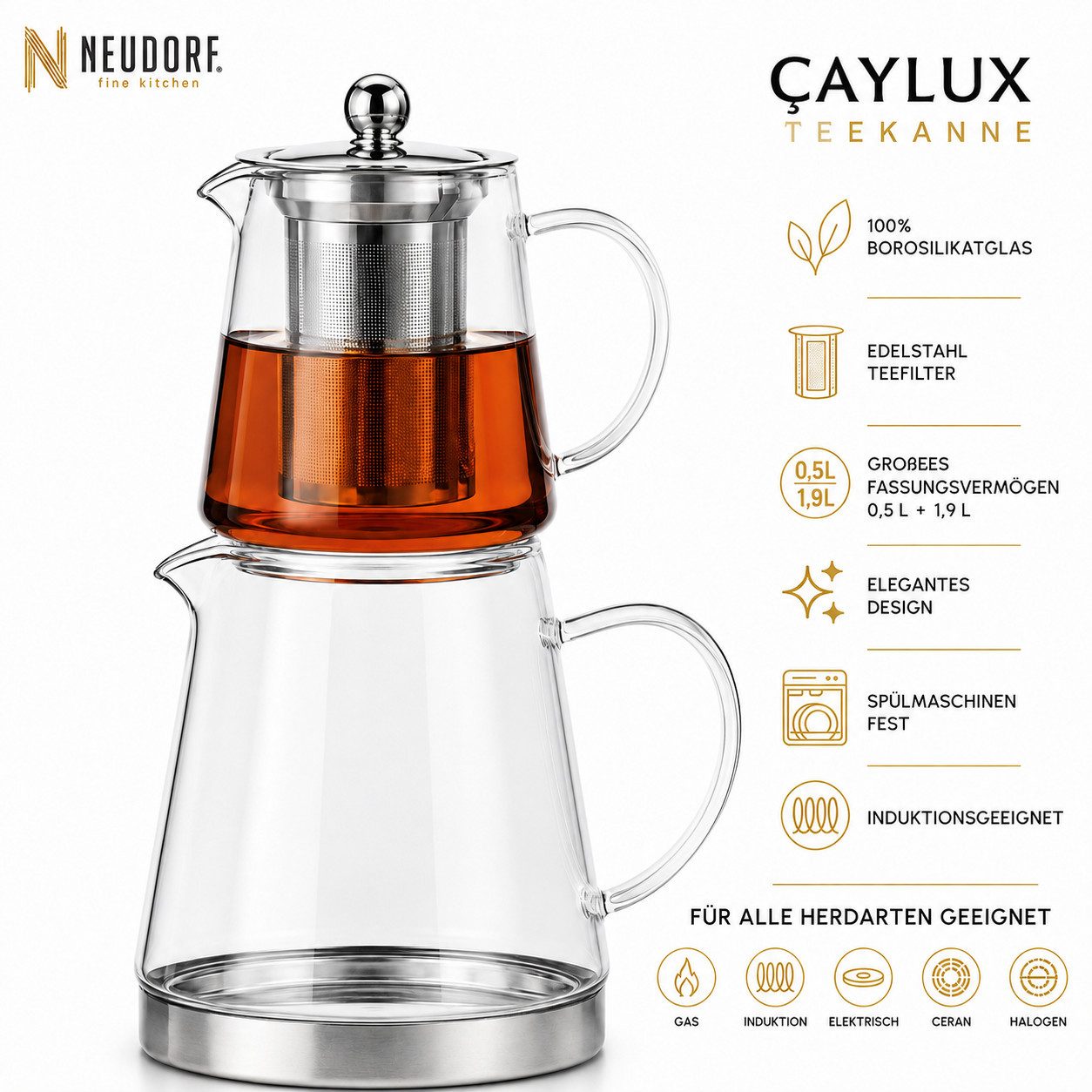 Ertex Caydanlik-Teekanne Teekanne Caydanlik Borosilikat Glas-Teekannen-Set, 3L/2,5L Induktion