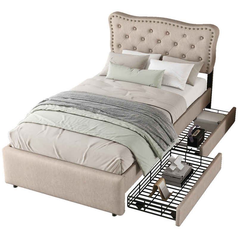 Tongtong Einzelbett 90*200 cm flaches gepolstertes Bett, doppelte Schubladen,Grau/Beige (nur Bett, ohne Matratze), wahlweise in 3 Farben