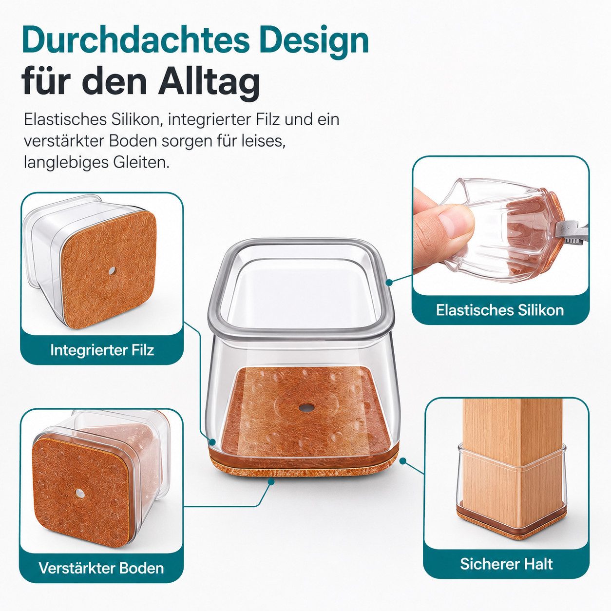 JASLIFE Filzgleiter 24 Stuhlbeinkappen, transparent, für eckige Möbelbeine, (Set), Für Küche, Esszimmer & Büro, mit Filz, leise, kratzschützend