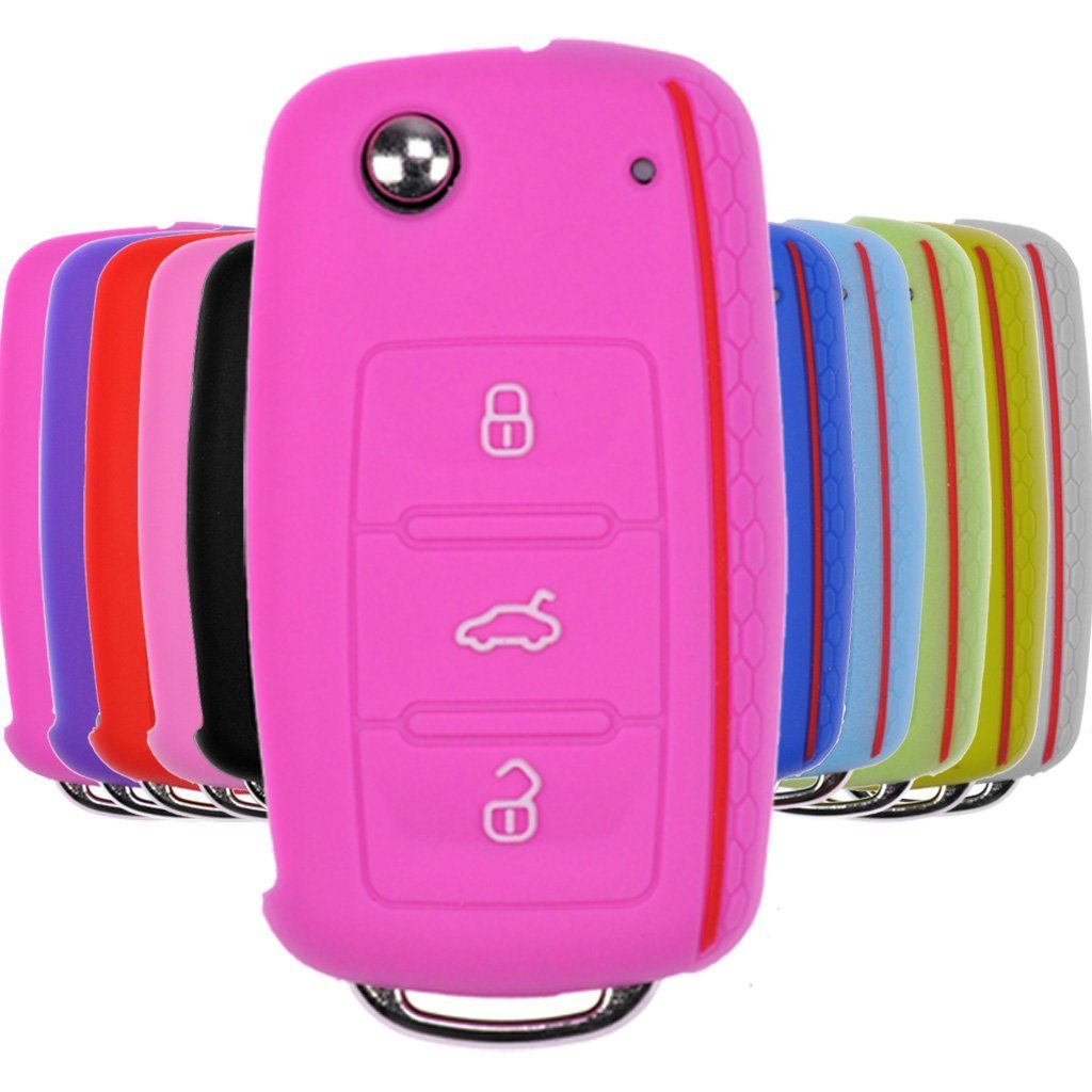 mt-key Schlüsseltasche Autoschlüssel Softcase Silikon Schutzhülle im Wabe Design Rosa, für VW SEAT Skoda Golf 6 Octavia UP Leon ab 11/2009 3 Tasten