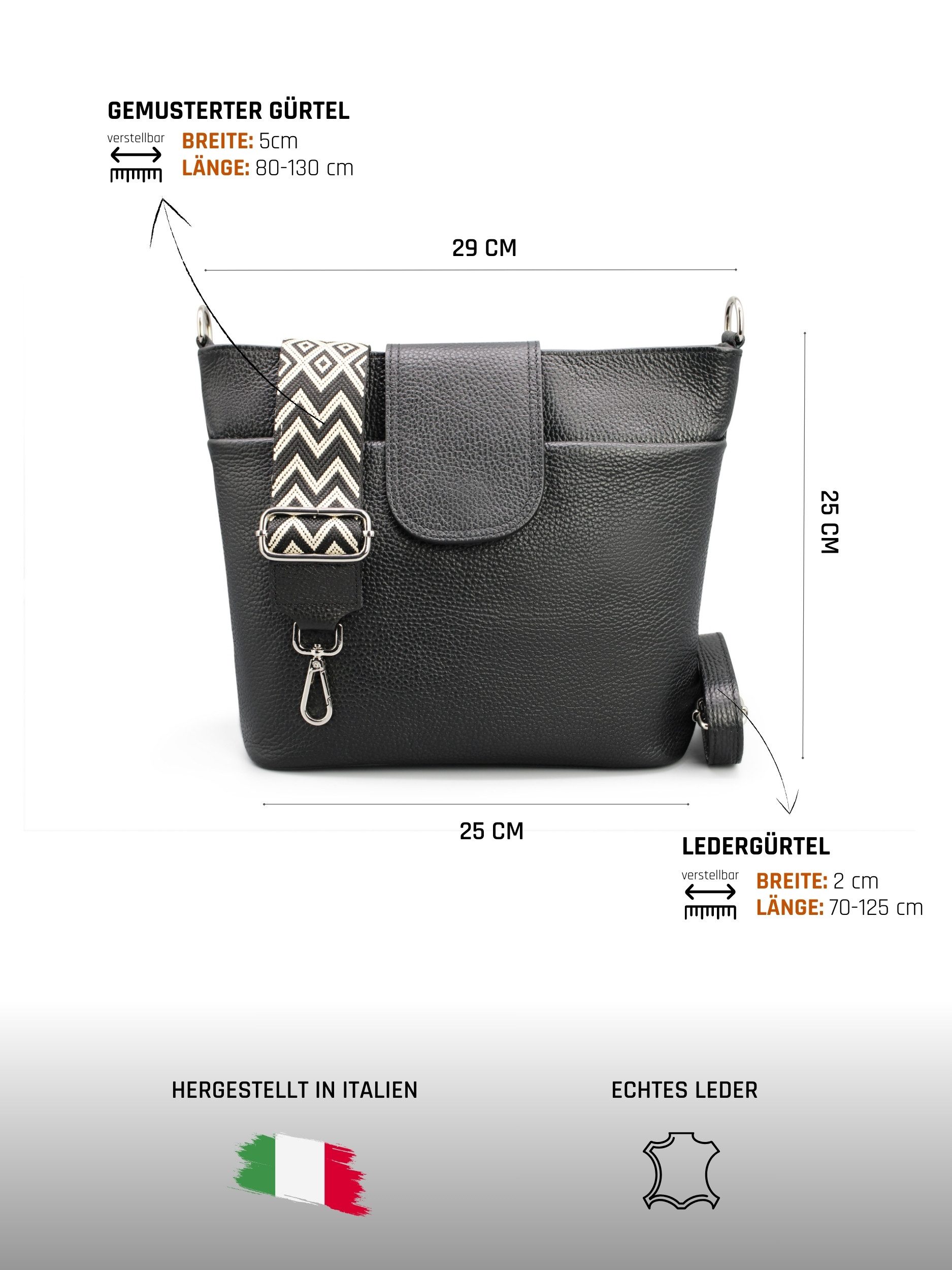 Adel Bags Schultertasche SARA Umhängetasche für Damen, Schultertasche aus Echtleder, 20 Farboptionen, Hergestellt in Italien, mit 2 Riemen