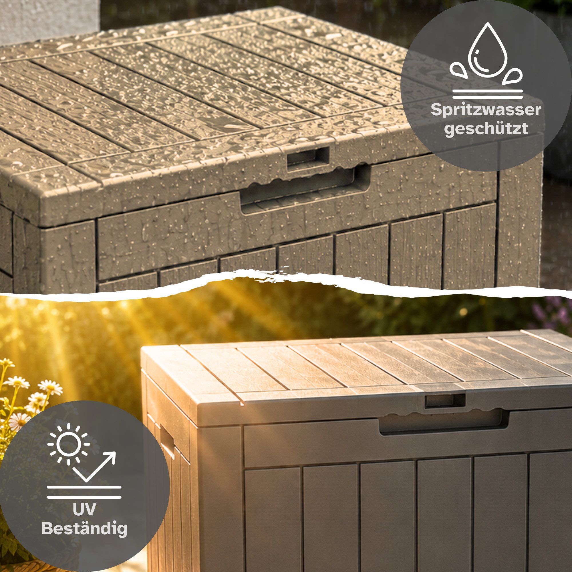 ONDIS24 Gartenbox City Cube Holzoptik Kissenbox Poolbox Sitztruhe 110L, UV,- und witterungsbeständig, abschließbar – Bild 4 von 5
