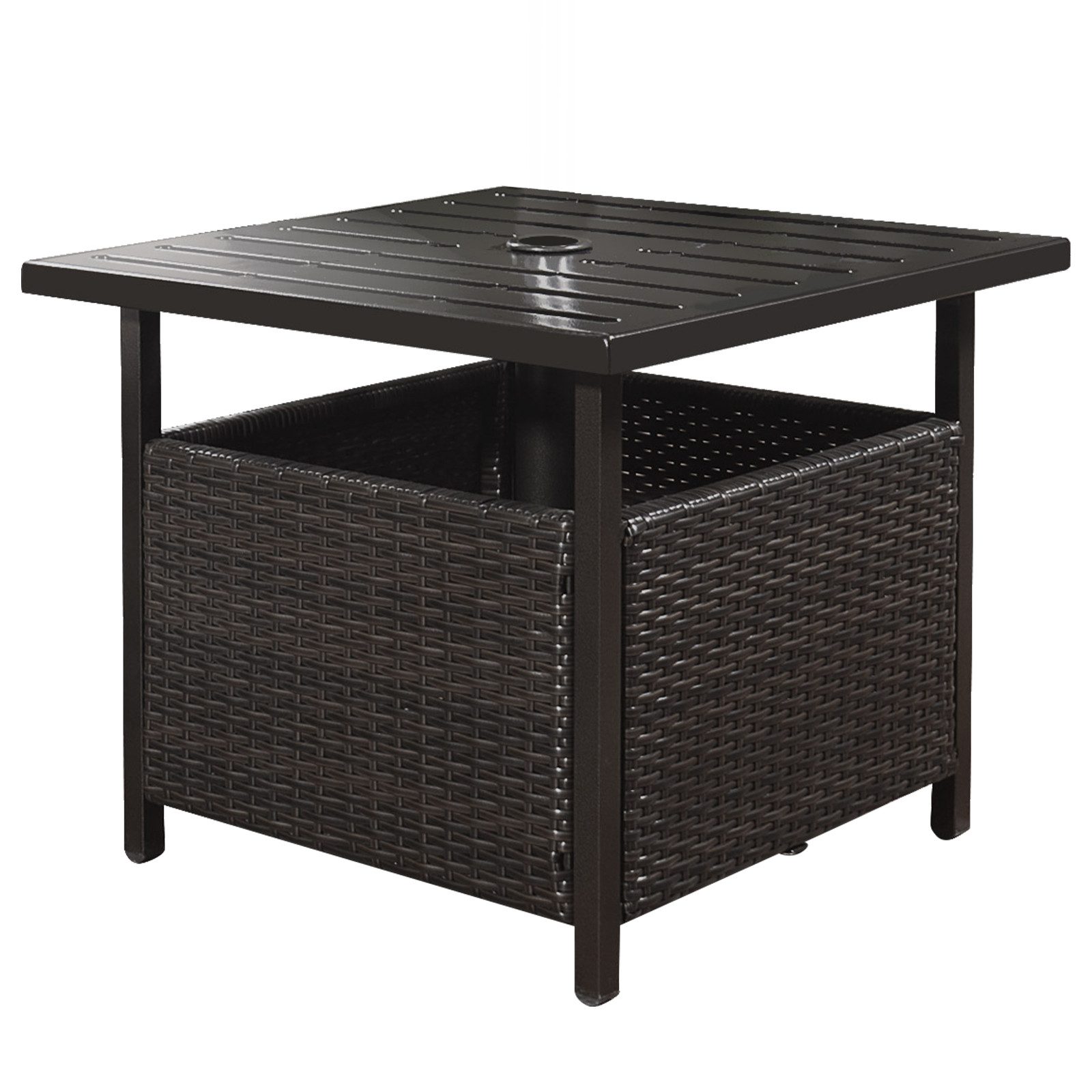 LDAILY Terrassentisch Mit Schirmloch – 55,9x55,9x47 Cm, PE-Rattan, Metallgestell, Braun, Für Garten & Pool