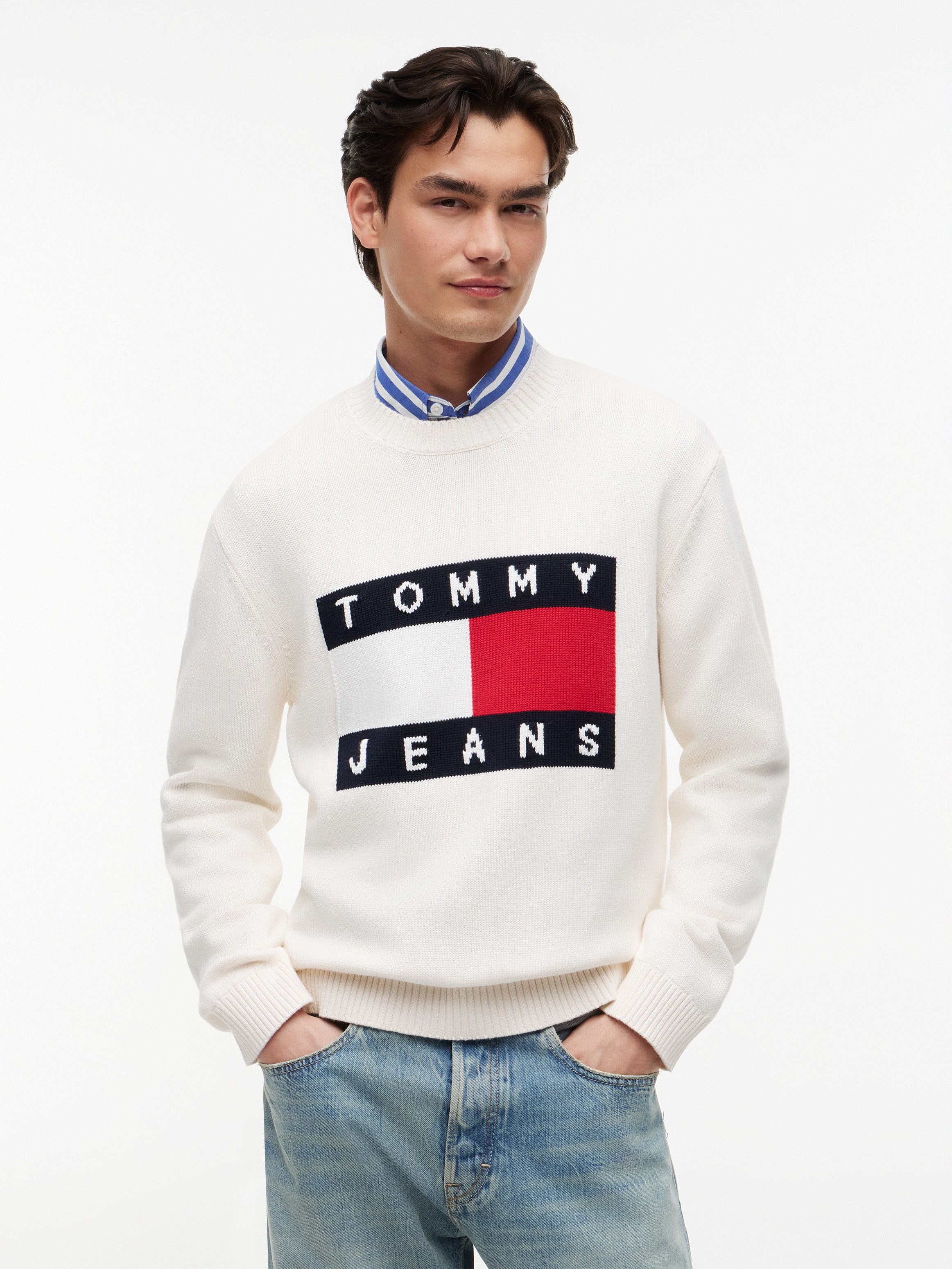 Tommy Jeans Strickpullover REGULAR FLAG SWEATER Regular fit mit Rundhalsausschnitt