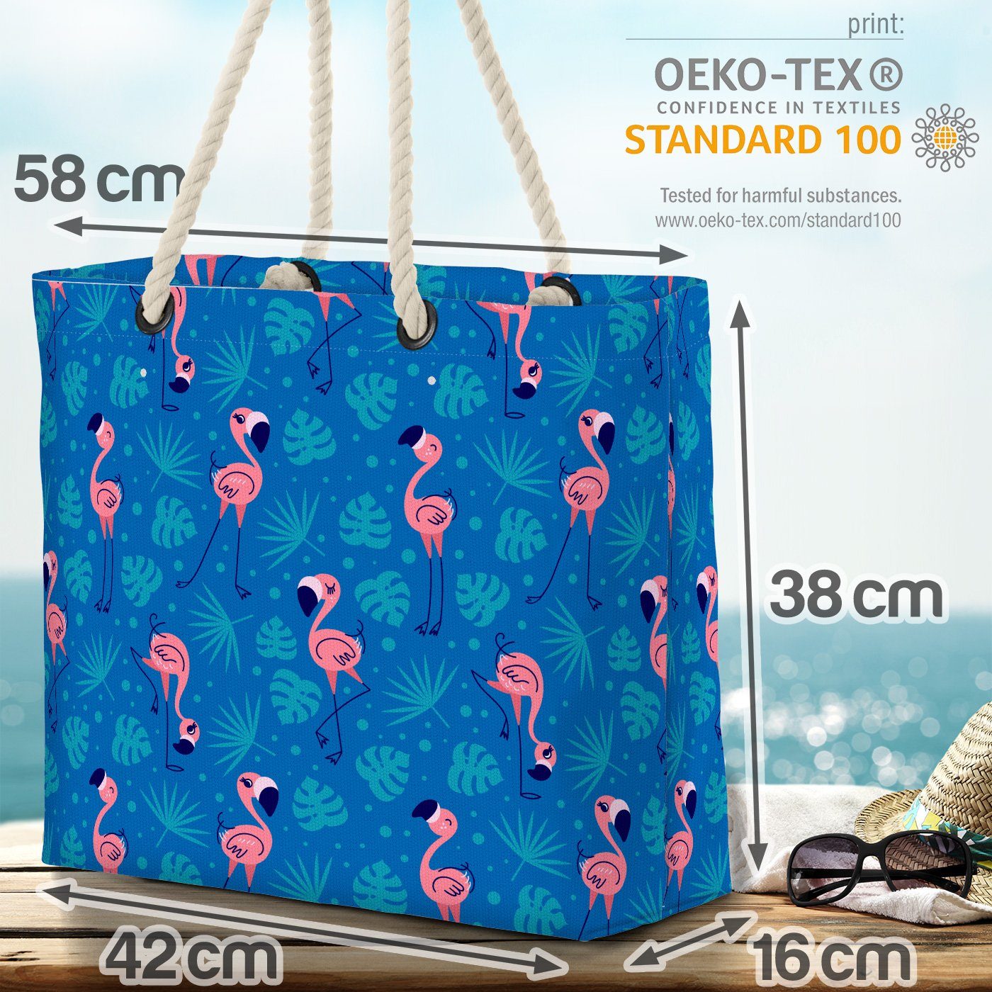 Bag Flamingo Pool Palmen Beach Sommer (1-tlg), VOID Muster gestreift Urlaub Strandtasche Tiere Reise blau