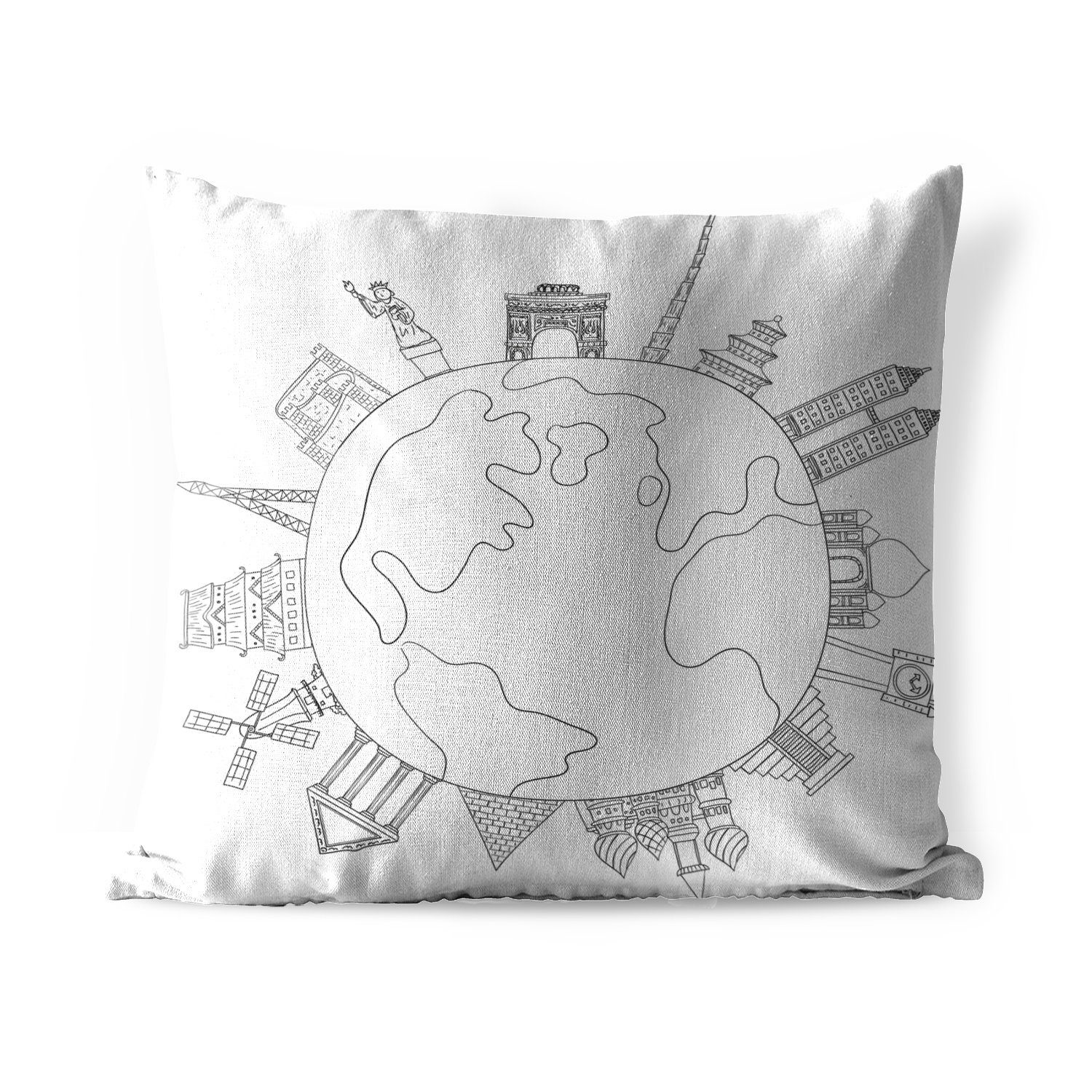 MuchoWow Dekokissen Schwarz-Weiß-Illustration von Wahrzeichen auf einem Globus, Kissenbezüge, Kissenhülle, Dekokissen, Dekokissenbezug, Outdoor