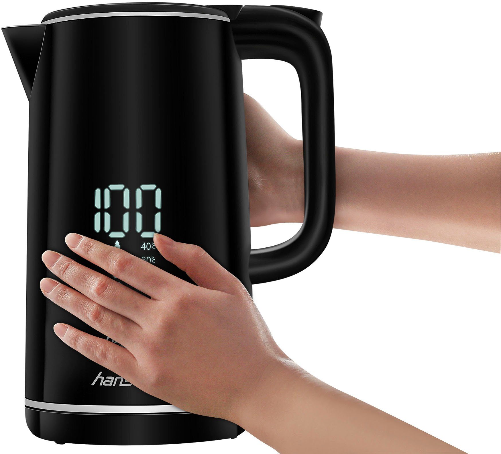 Hanseatic Wasserkocher HWK172200DBD, mit Temperaturvorwahl, 1,7 l, 2200 W, Warmhaltefunktion, extra großes Display