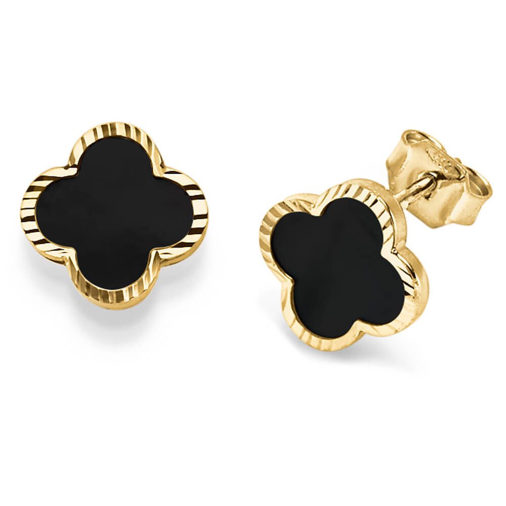 Schmuck Krone Paar Ohrstecker Paar Ohrstecker Kleeblatt Blumen Onyx schwarz 585 Gelbgold, Gold 585
