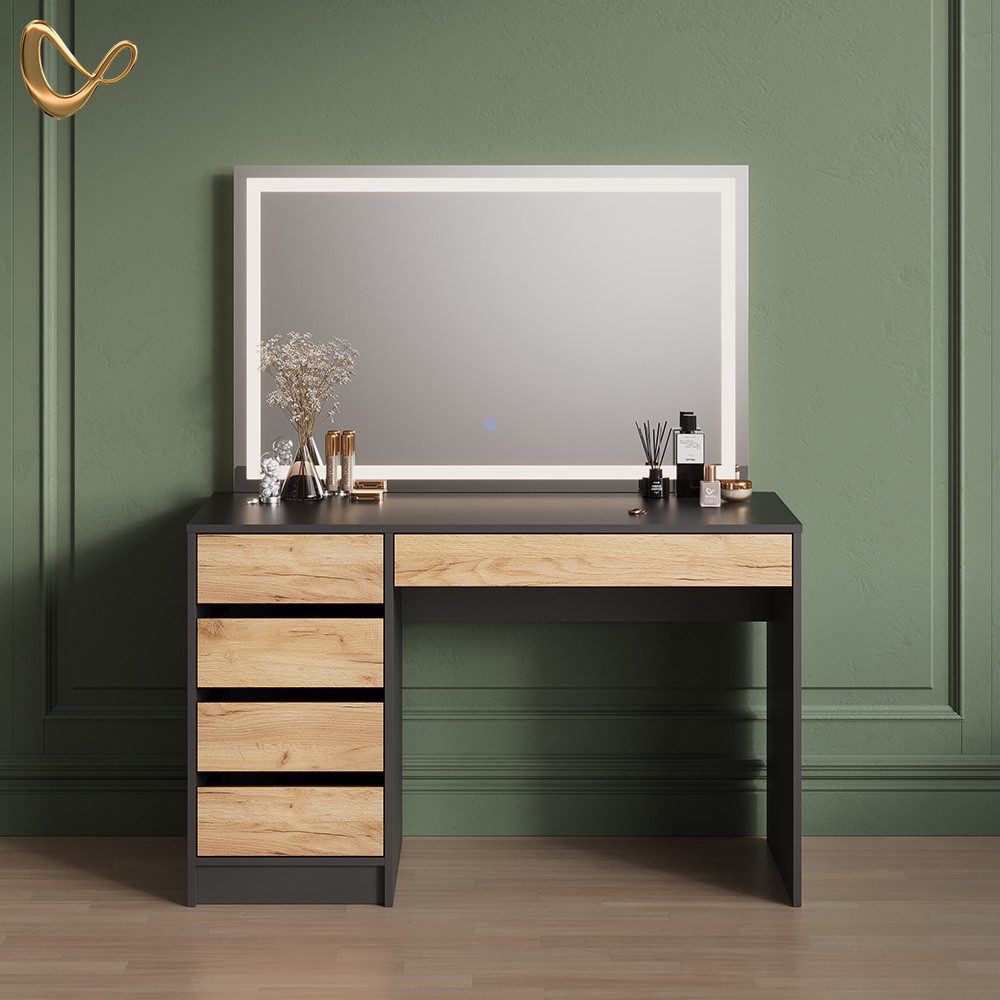 Livinity® Schminktisch Imola, Anthrazit/Goldkraft Eiche, 120 cm mit LED Bel günstig online kaufen