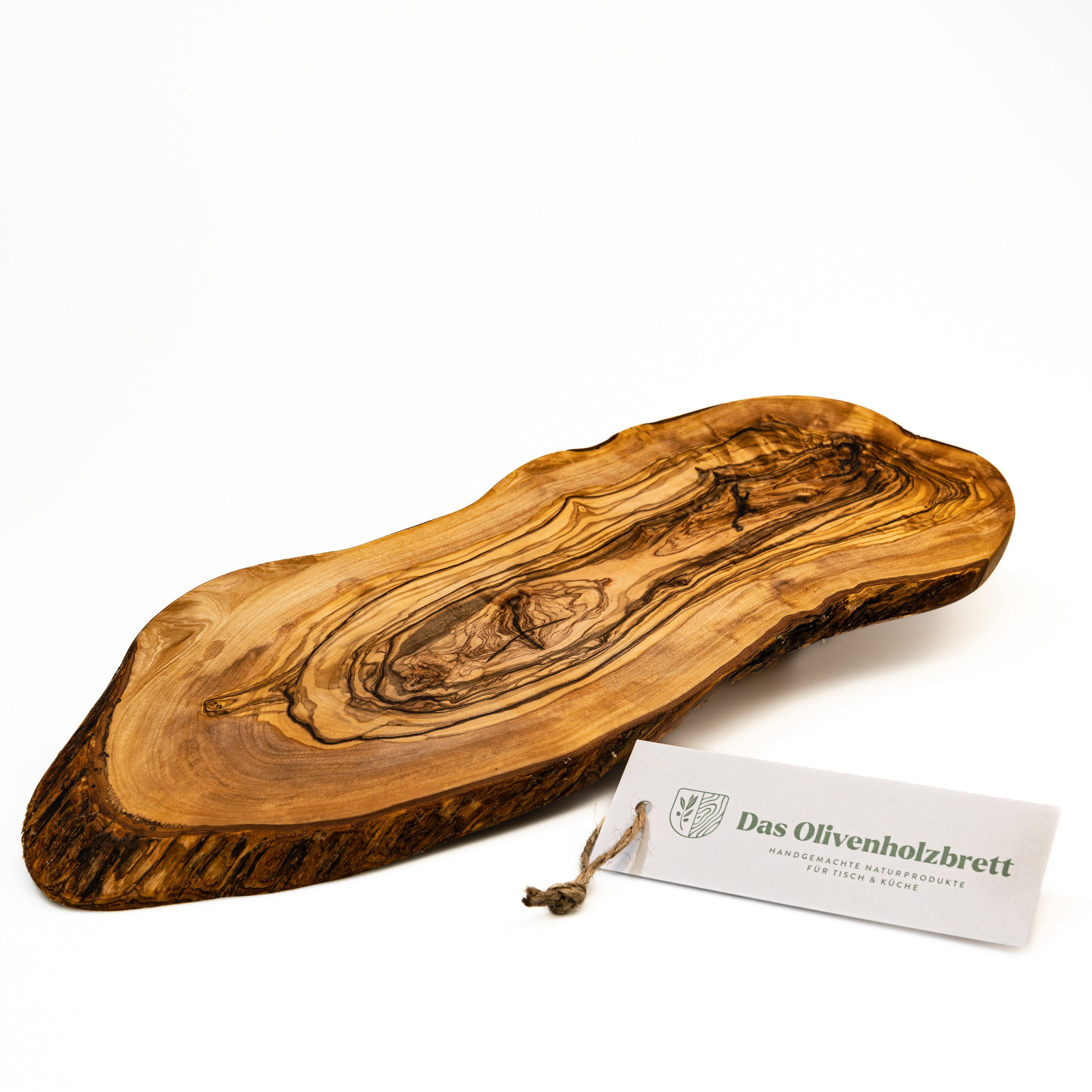 dasOlivenholzbrett Käsebrett Rustikales Servierbrett aus Olivenholz im Baumschnitt mit Rindenanteil, 40