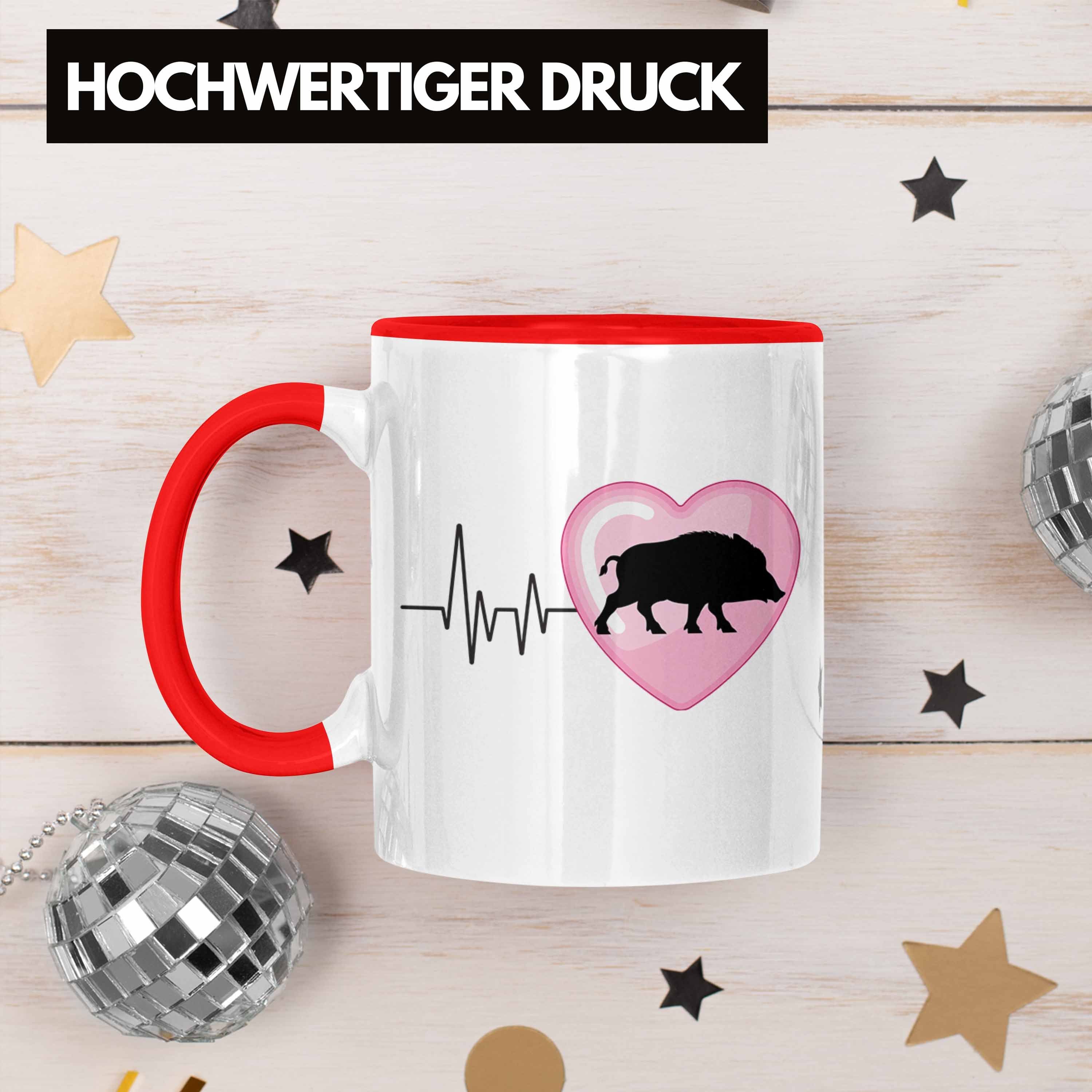 Trendation Jagd Rot Wilschwein - für Tasse Jäger Hobby Trendation Geschenk Herzschlag Tasse