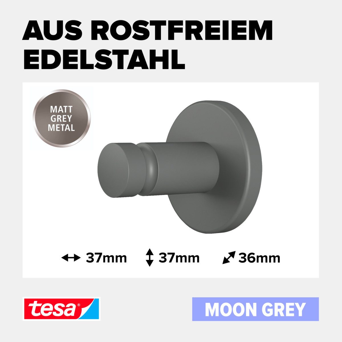 tesa Klebehaken MOON Handtuchhaken, Badezimmer, (Packung, MOON Grey), grau - 3,7 cm : 3,7 cm : 3,6 cm