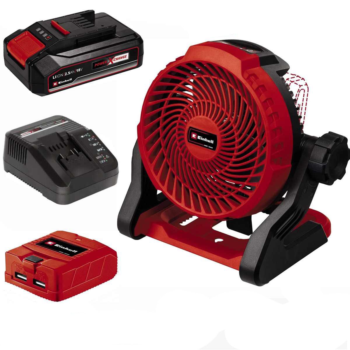 Einhell Tischventilator Akku-Ventilator GE-CF 18/2200 Li- 18V Akku 2.5 Ah,+ USB Adapter