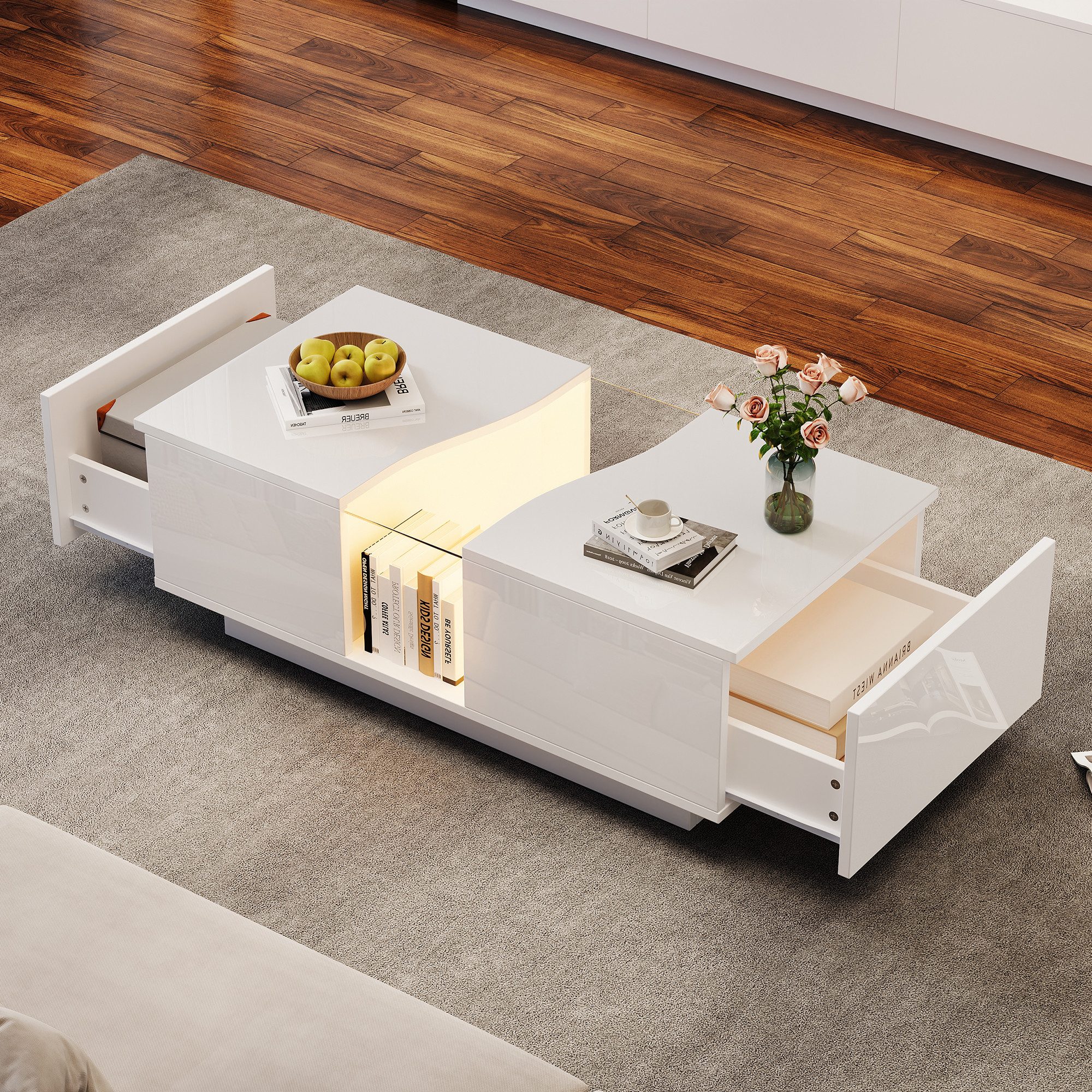 HAUSS SPOLE Couchtisch Hochglanz-Couchtisch mit 2 Schubladen, LED-Licht und günstig online kaufen