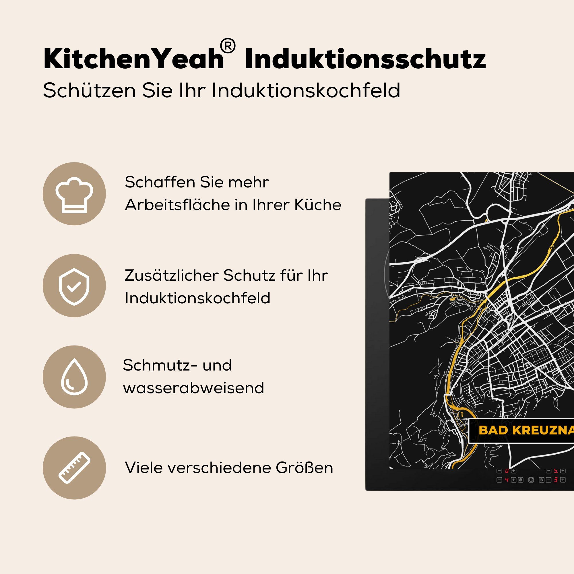 MuchoWow Herdblende-/Abdeckplatte Deutschland - 78x78 Schwarz - Karte, cm, und (1 Ceranfeldabdeckung, Gold Vinyl, tlg), - Kreuznach Stadtplan Arbeitsplatte Bad für - küche