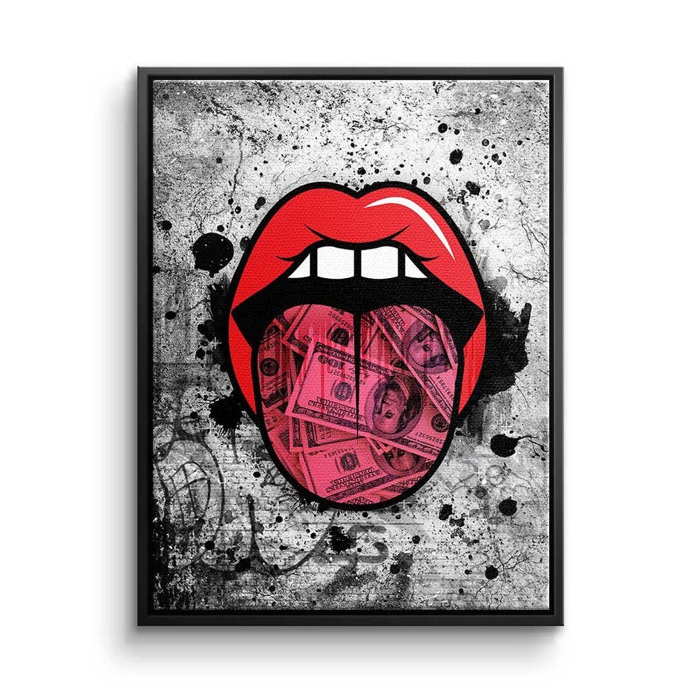 DOTCOMCANVAS® Leinwandbild, Premium Leinwandbild - Pop Art - Graffiti Kiss - Inspiration - Erfol schwarzer Rahmen