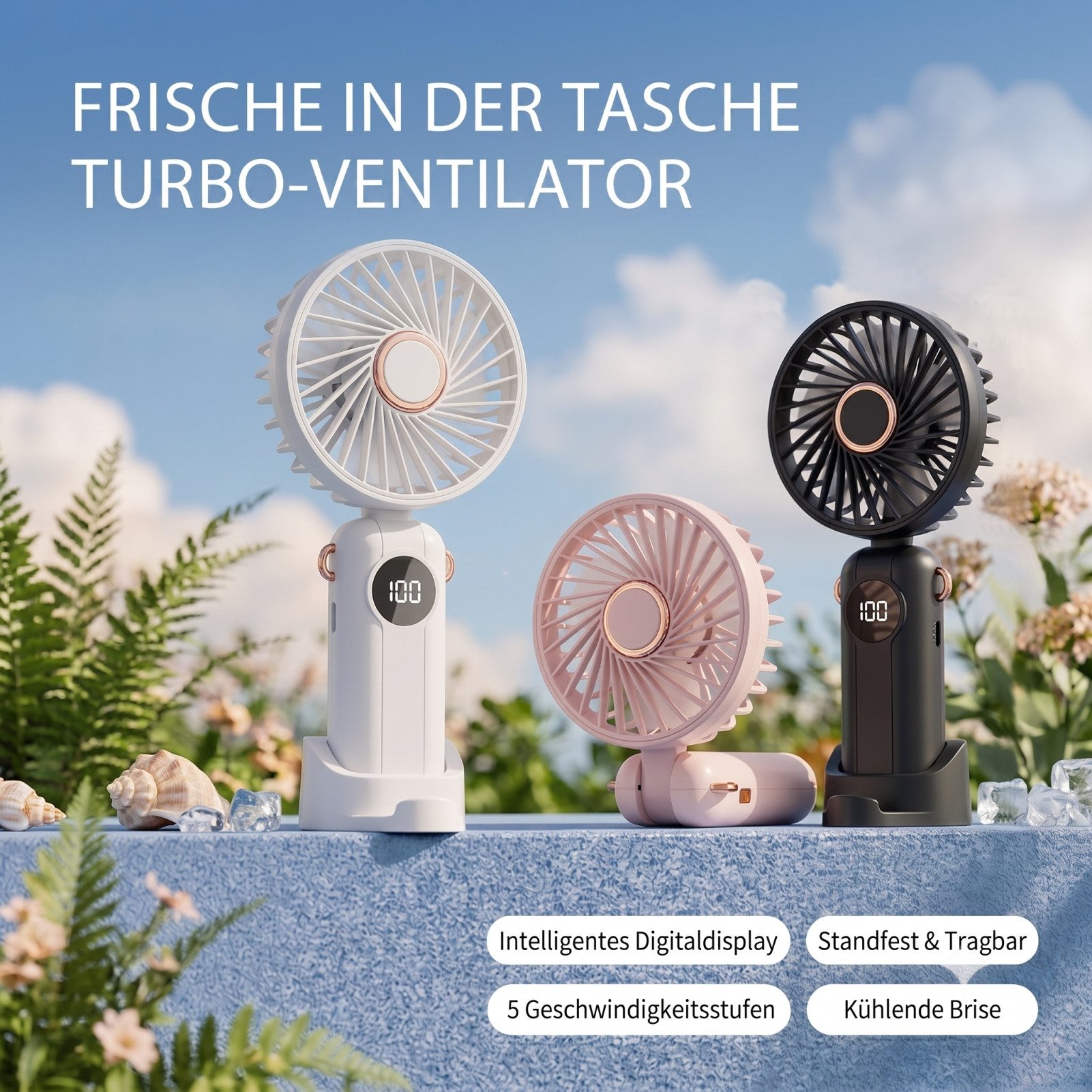 Solarandmore Handventilator Handventilator,Tragbarer Ventilator,Mini Ventilator,Tischventilator, USB wiederaufladbar,Faltbar,Reisen,Sommer,Geschwindigkeitsstufen,leise