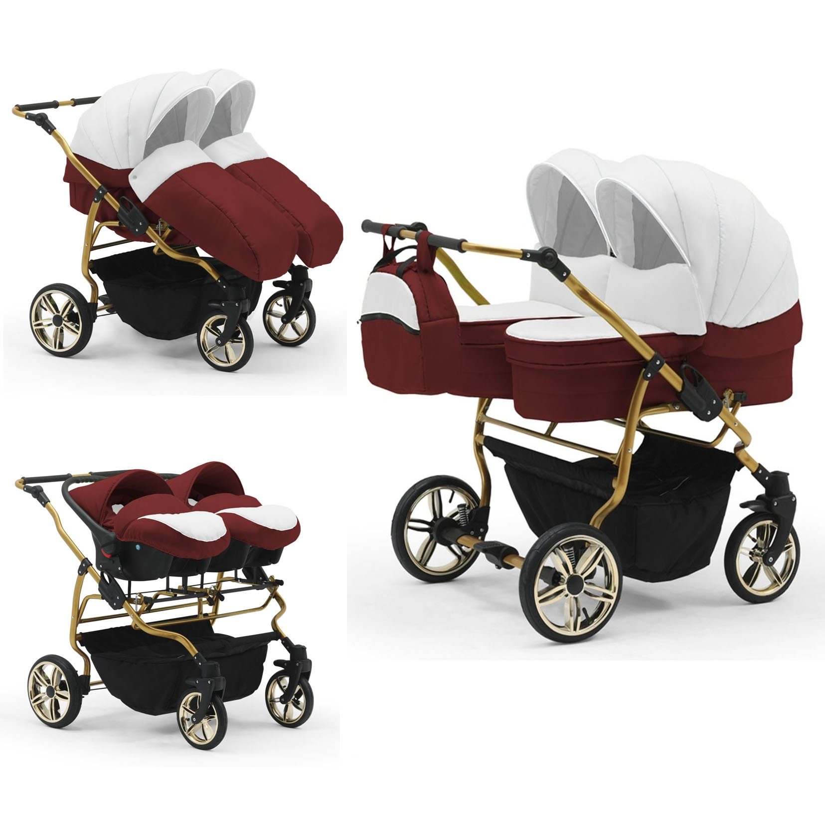 babies-on-wheels Zwillingswagen Duet Lux Gold 3 in 1 inkl. Autositze - 13 Teile - in 33 Farben Weiß-Bordeaux
