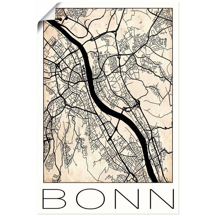 Artland Wandbild Retro Karte Bonn Deutschland Grunge Deutschland (1 St) als Alubild Leinwandbild Wandaufkleber oder Poster in versch. Größen