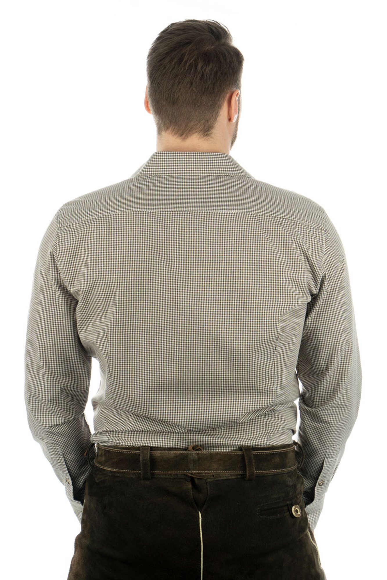 Wacodu Brusttasche der mittelbraun auf Trachtenhemd mit OS-Trachten Langarmhemd Hirsch-Stickerei