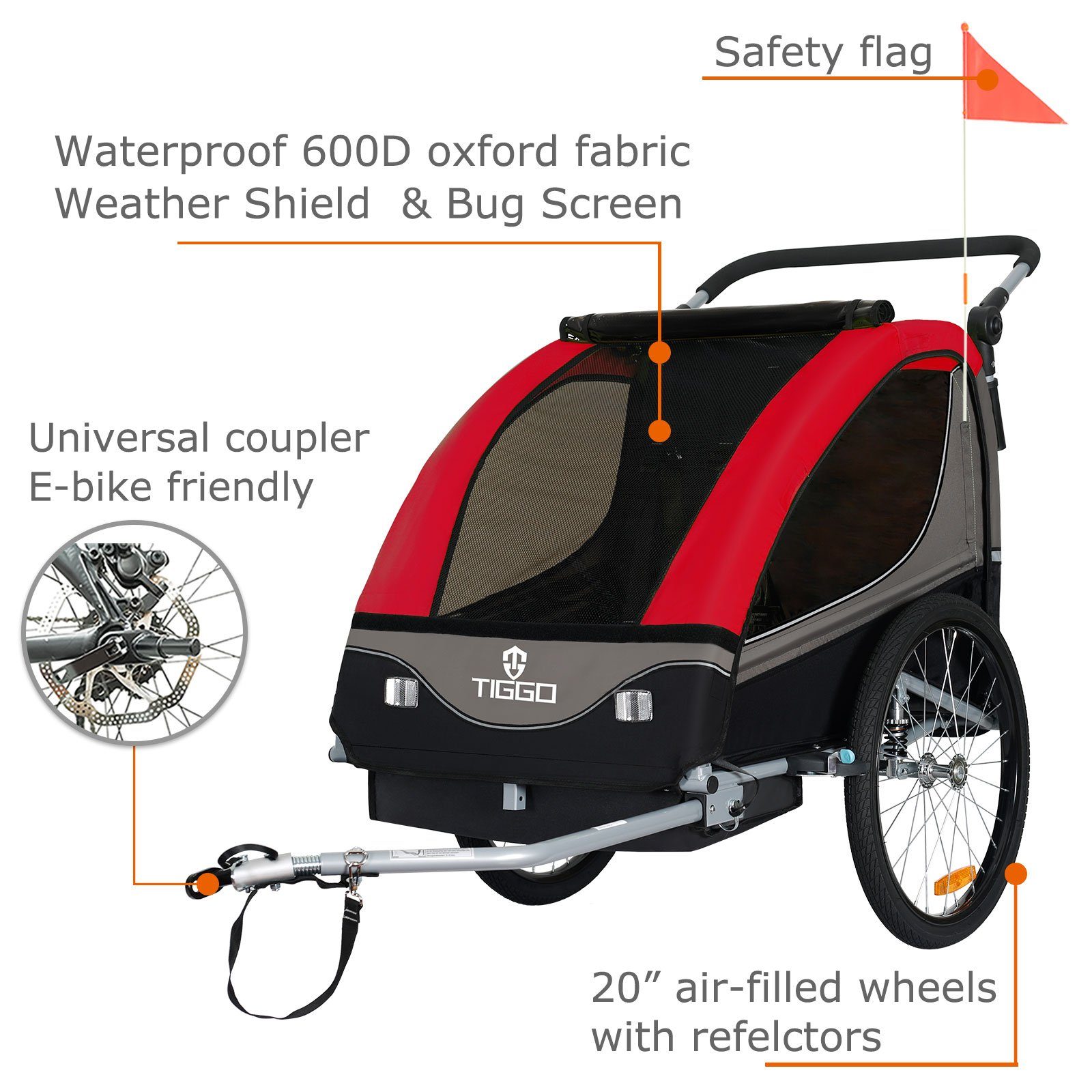 TIGGO Fahrradkinderanhänger Kinderanhänger 2 in 1 Kinderfahrradanhänger Fahrradanhänger, für 1-2 Kinder inklusive Joggerkit