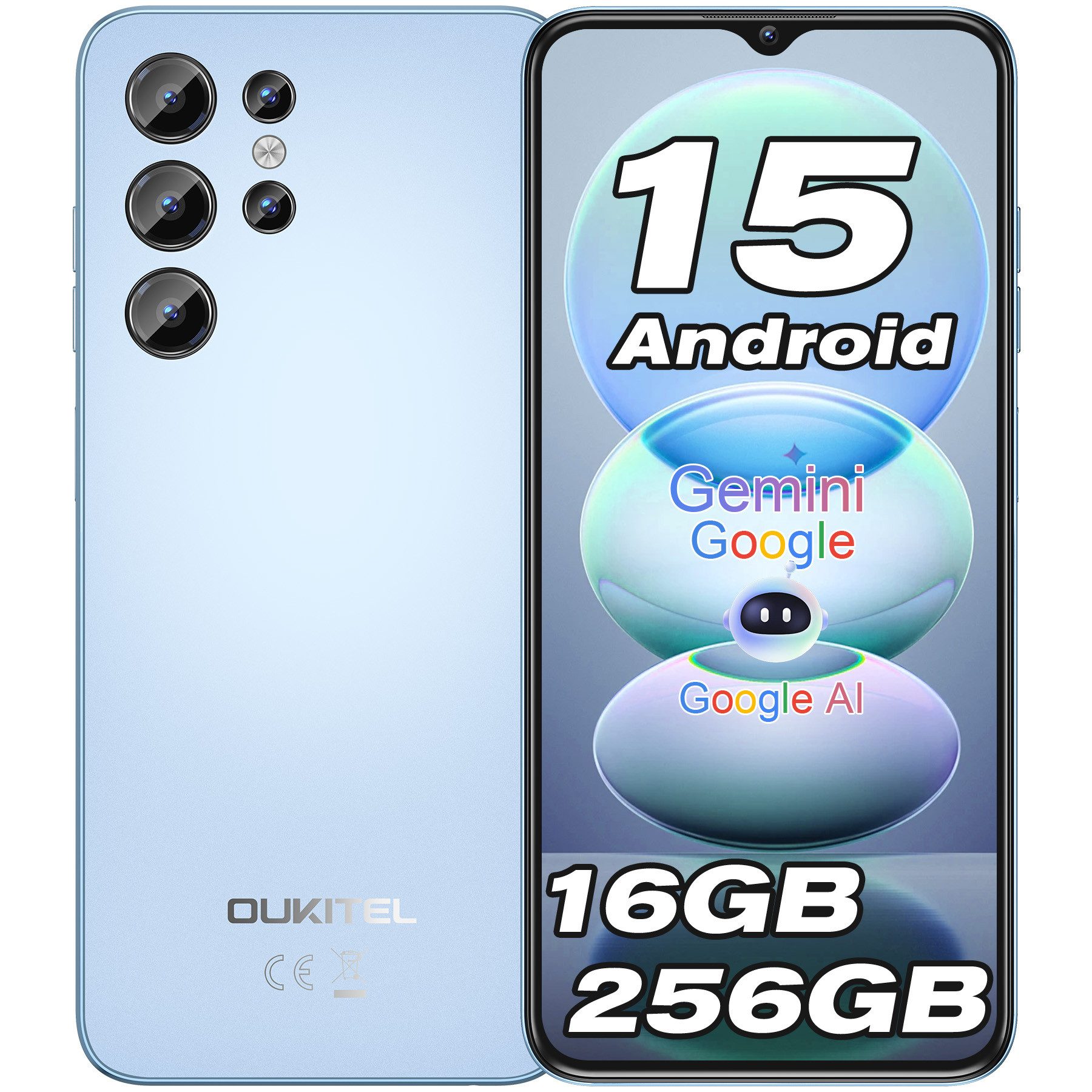 OUKITEL C1 Pro Android 15 Ohne Vertrag Smartphone (16,56 cm/6.52 Zoll, 256 GB Speicherplatz, 13 MP Kamera, 5150mAh, 16GB RAM 256GB ROM, GPS, Face Unlock, 4G Dual SIM)