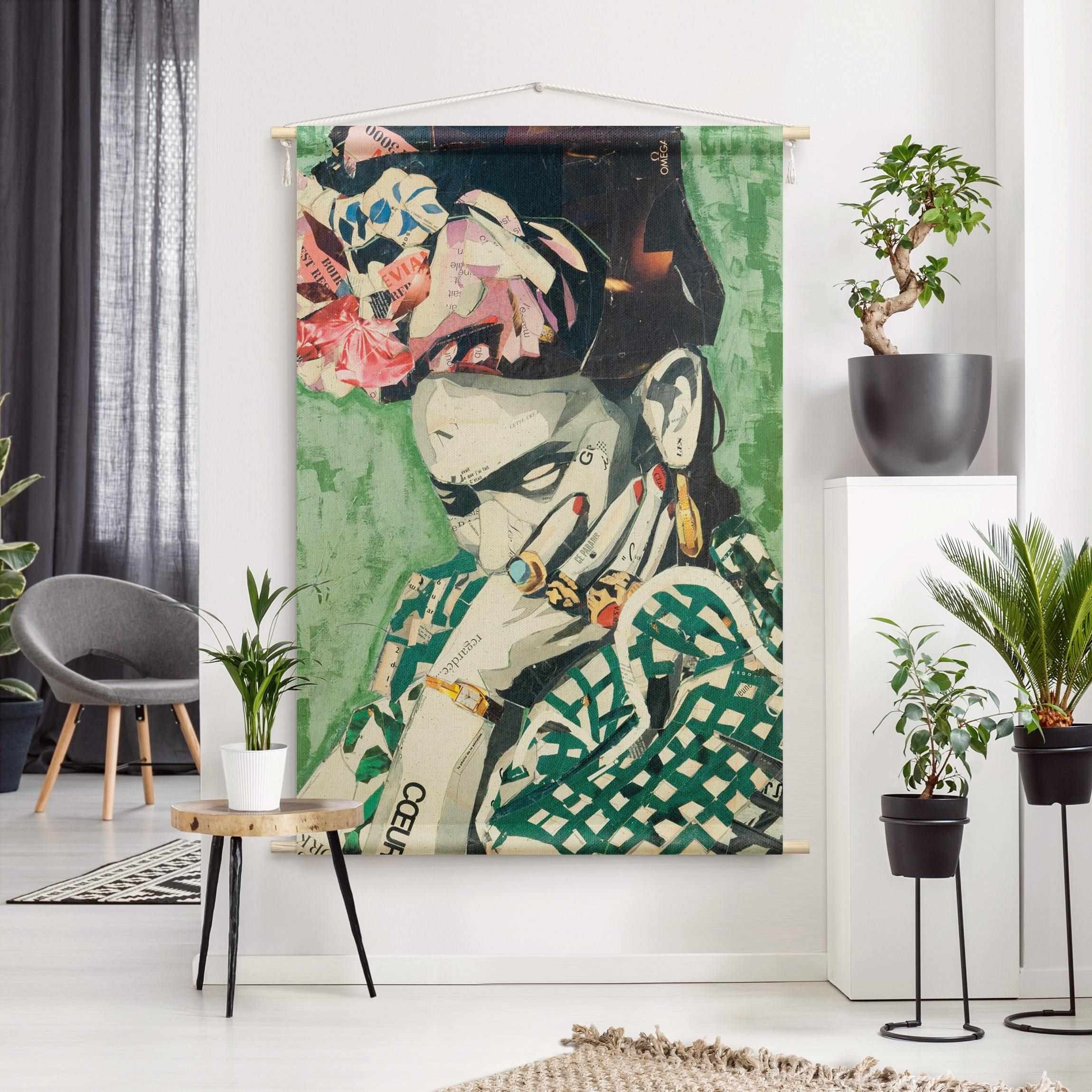 Bilderdepot24 Wandteppich modern Frida Kahlo Kunst grün, rechteckig, Höhe: 2.6 mm, großes Wandbild aus Natur-Baumwolle Wandbehang Stoffbild Tuch Wollseil